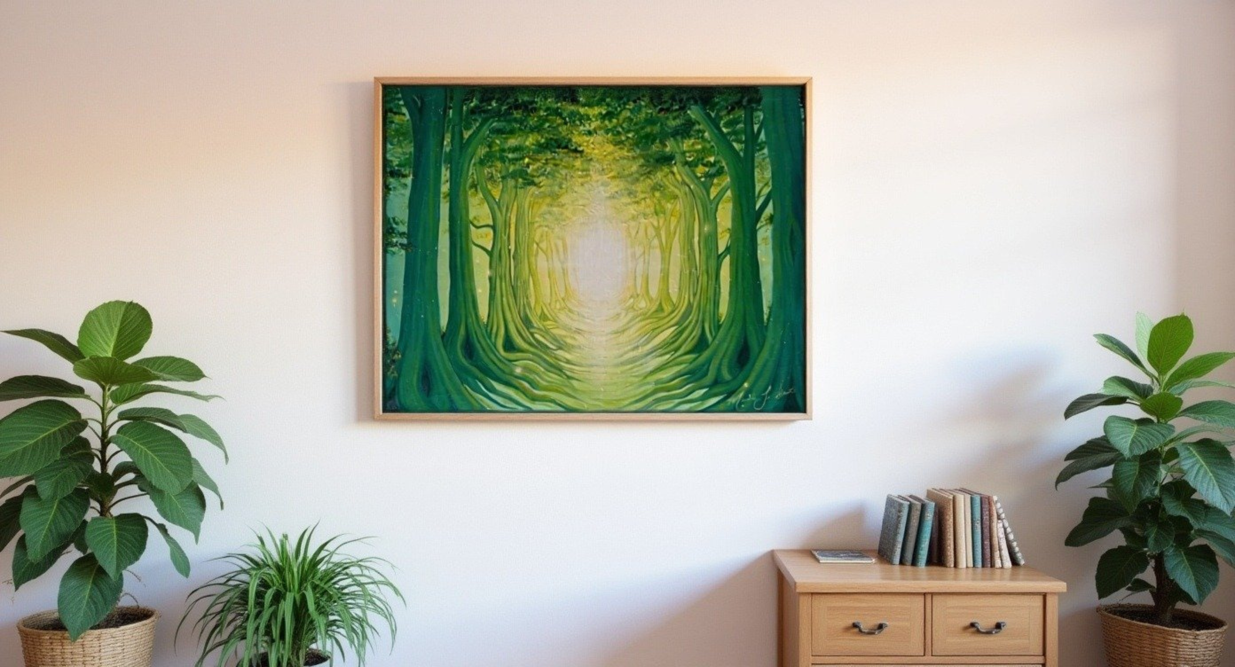 Spiritual forest painting, earthy home decor, earthy green color schemes, forest pathway wall art