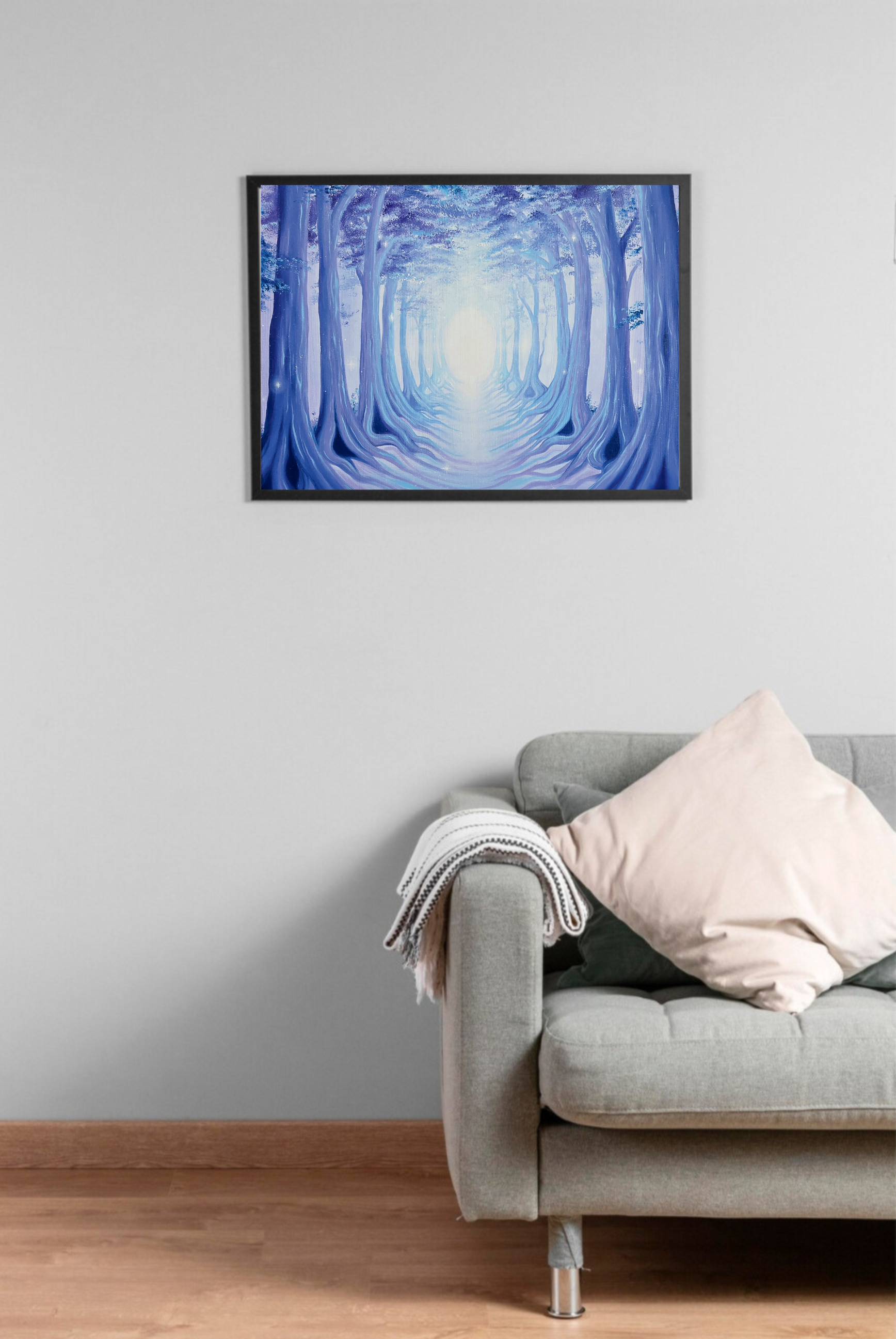 Small original painting by Manitoba artist, spiritual forest path painting, purple and blue color scheme