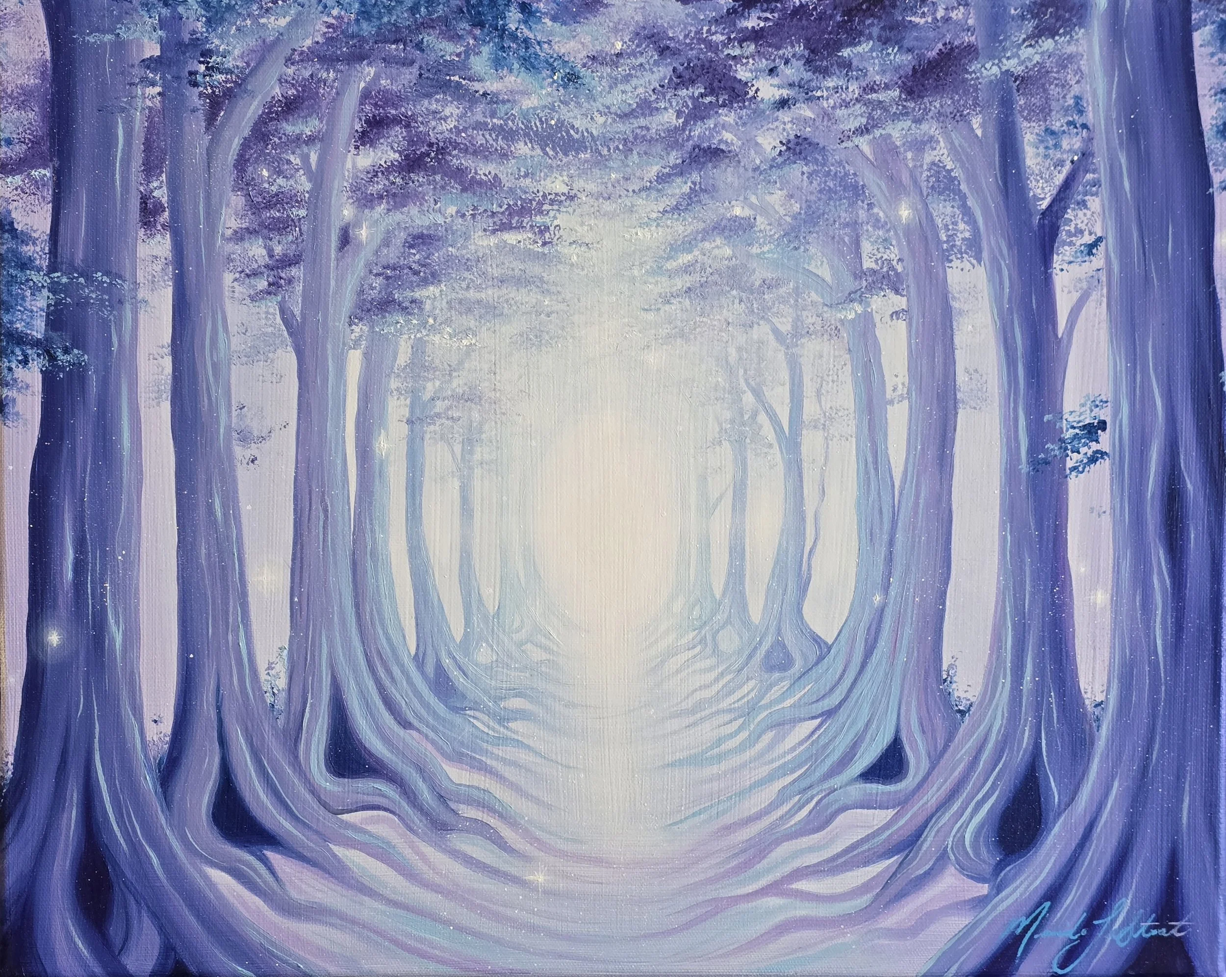 Blue and purple color scheme, cool toned home decor, original forest painting wall art
