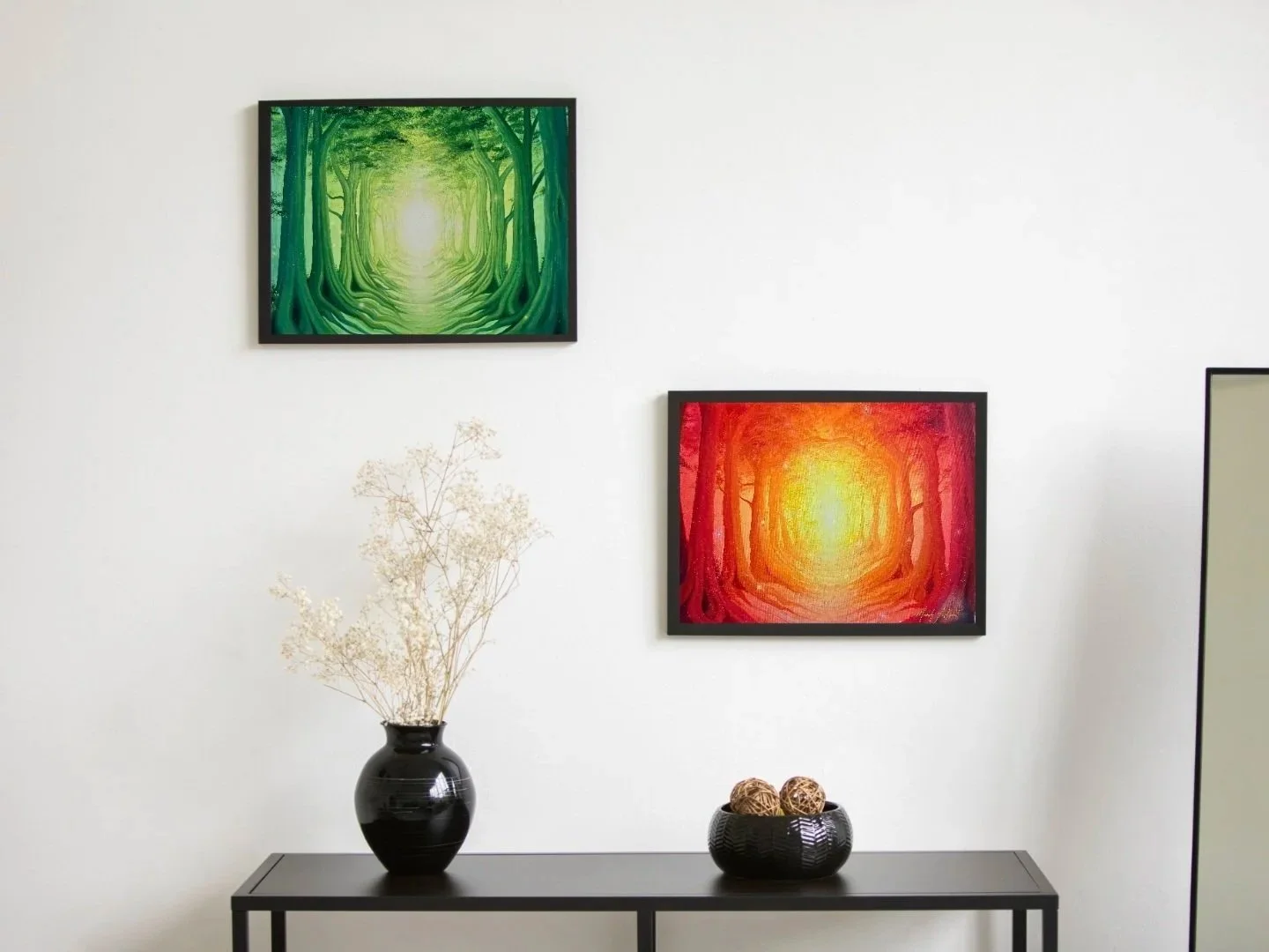 Brightly colored forest artwork hanging in a neutral colored and modern living room. Original oil paintings, unique wall art, Manitoba home décor, Home décor and wall art made by Canadian artists. Canadian crafted artwork. Small paintings.