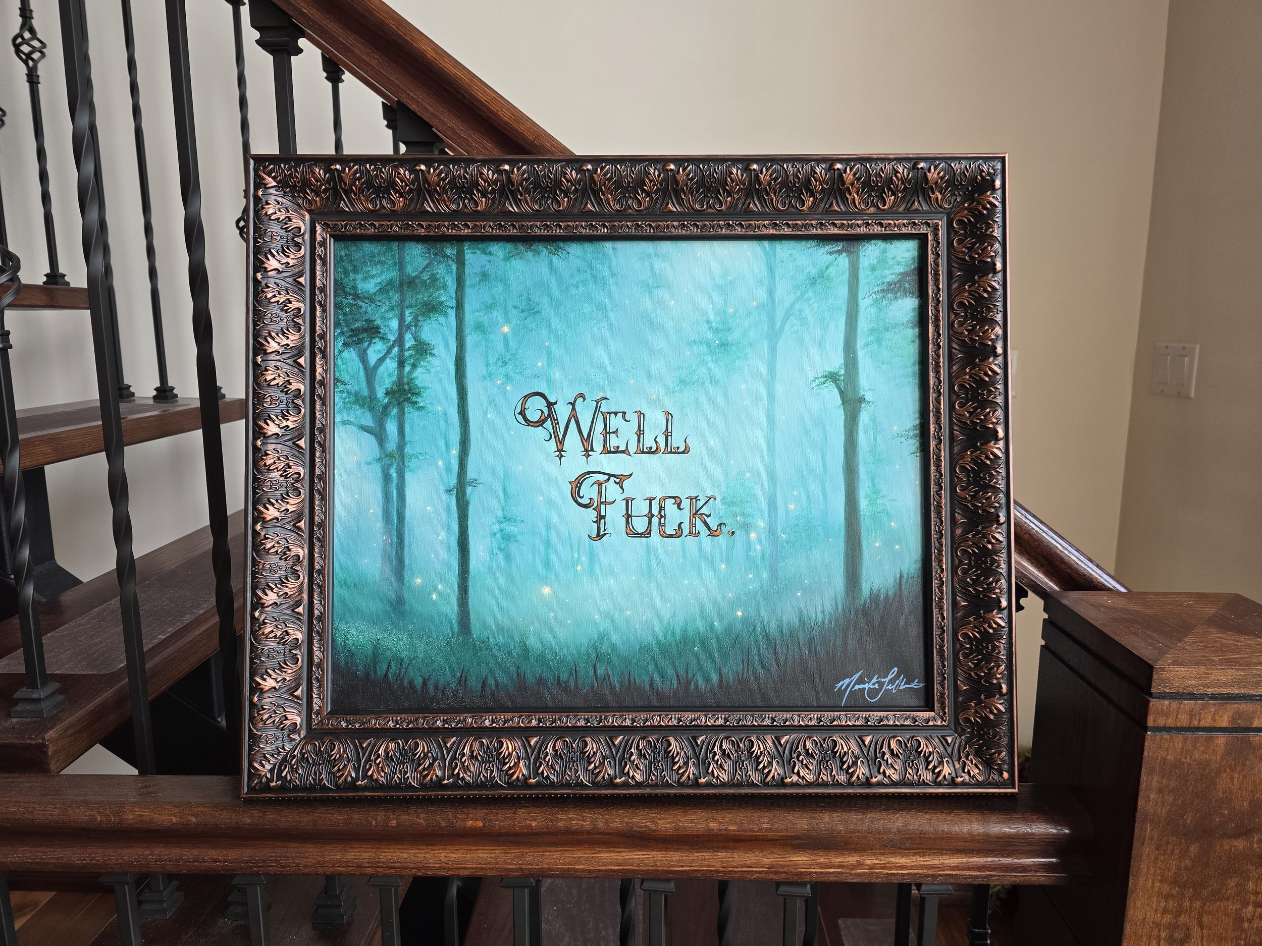 teal and copper home decor, wall art, turquoise and copper fantasy forest painting