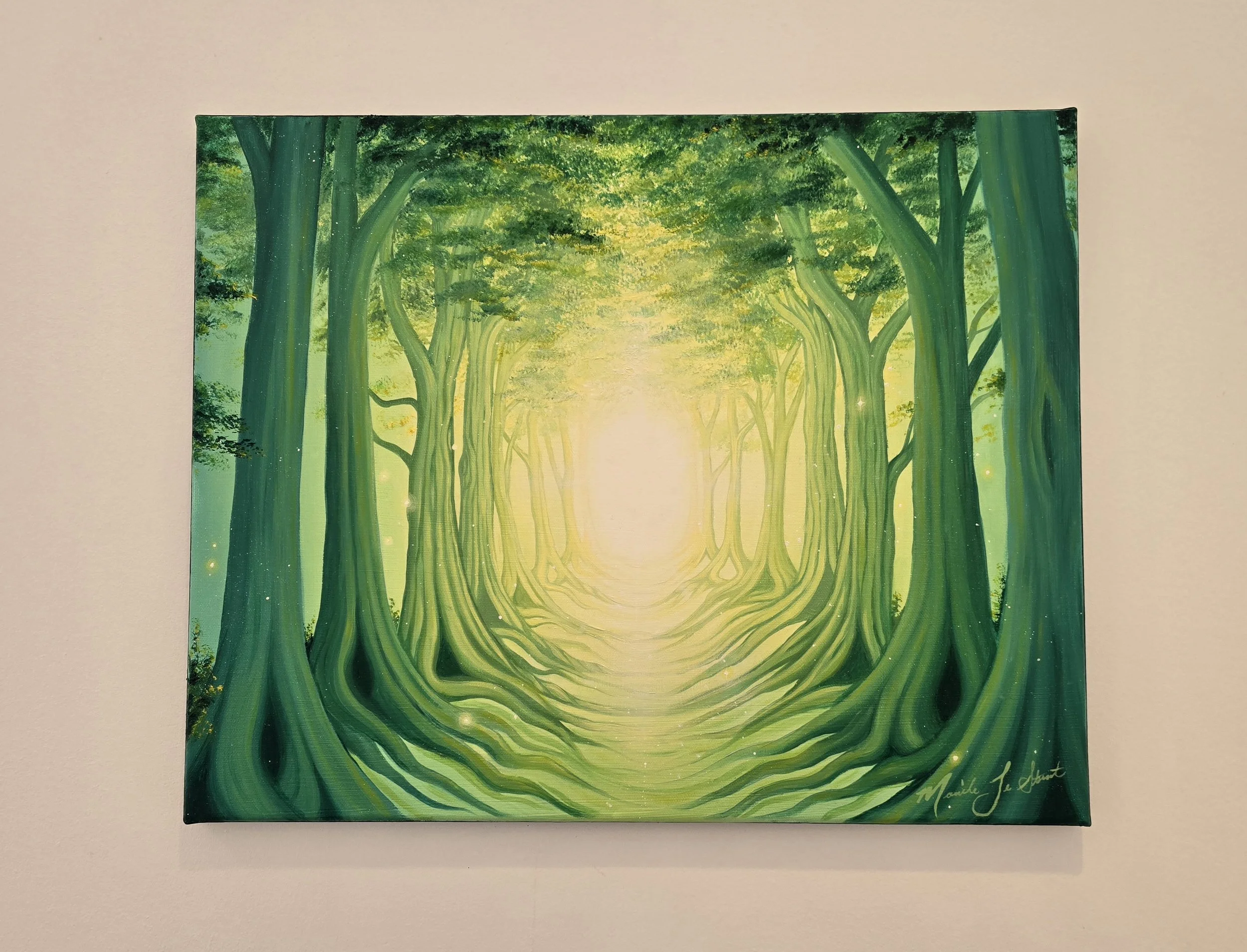 Bright earthy green fantasy forest painting whimsical and spiritual art for sale