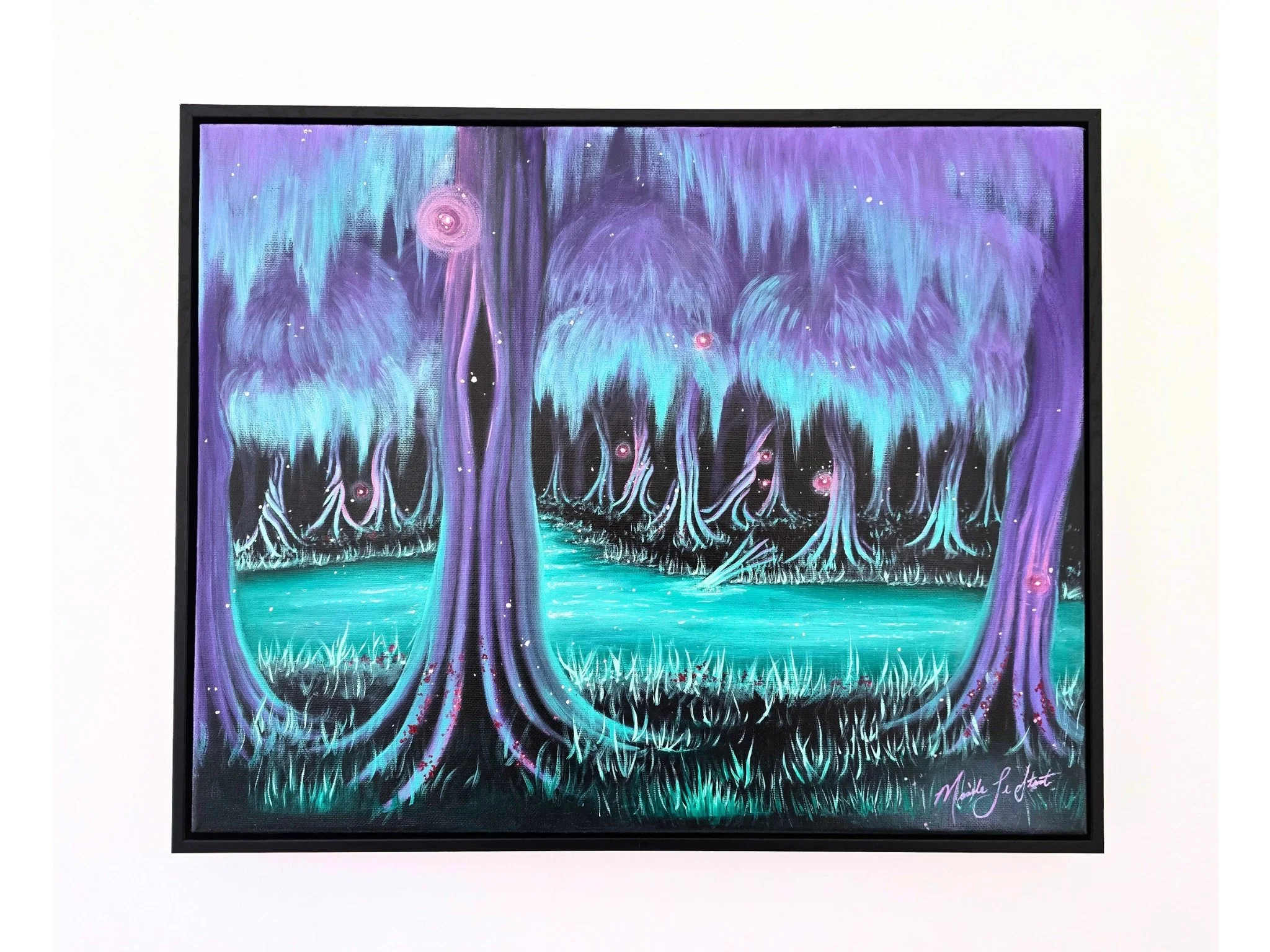 Mythical fantasy forest oil painting for sale in teal and purple, whimsicore art for sale, forestcore artwork for sale. Floating frame