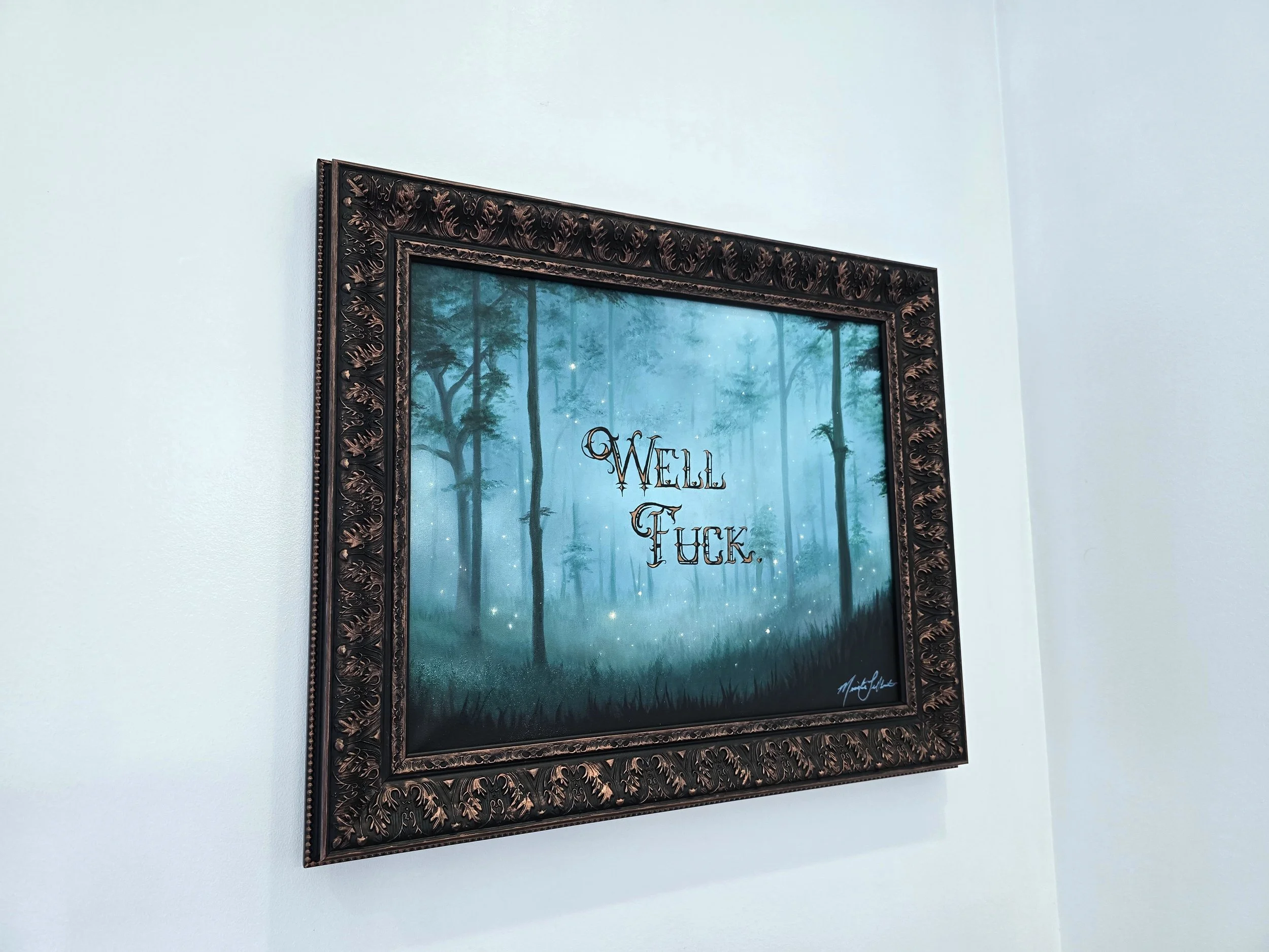 Teal forest artwork, foggy fairy forest wall art, medieval inspired décor, teal and copper color scheme, internal monologue