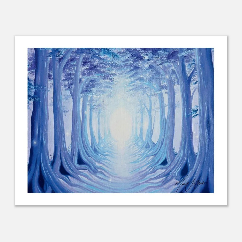 Purple Fantasy Forest Art - Mystical Woodland Art - Periwinkle Floral Art - Forest Pathway Artwork - 16" x 20" Art