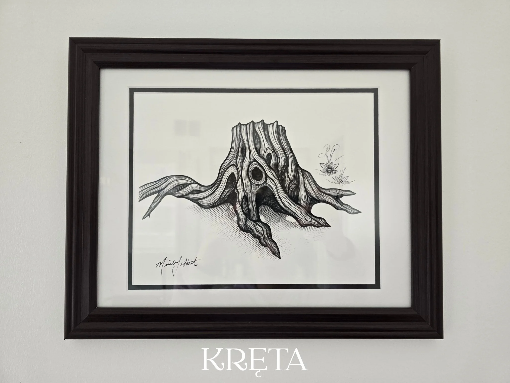 Modern Canadian art nature framed illustrations ready to hang. Tree stump B&W artwork for sale