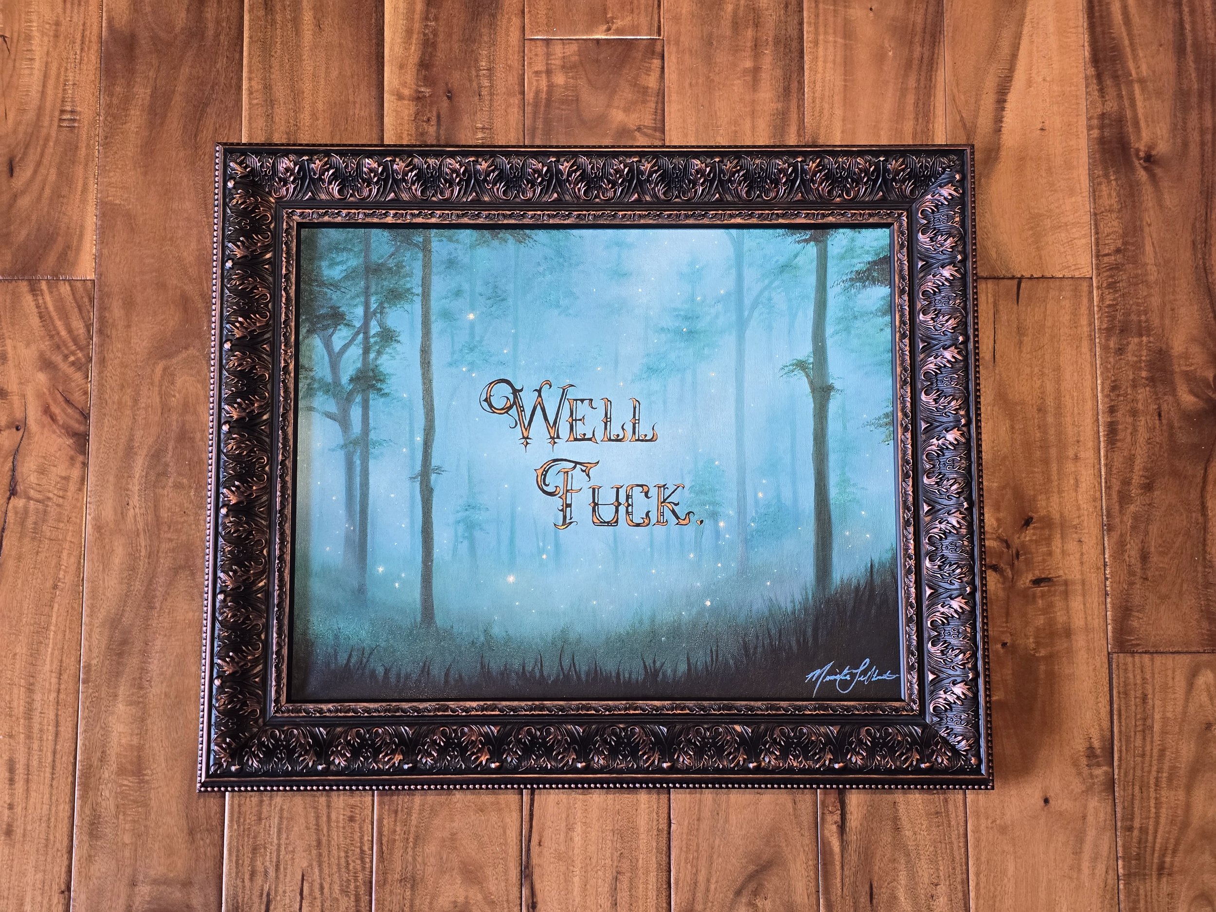 teal and copper home decor, antique style frame, teal forest artwork, fantasy forest painting, fae forest