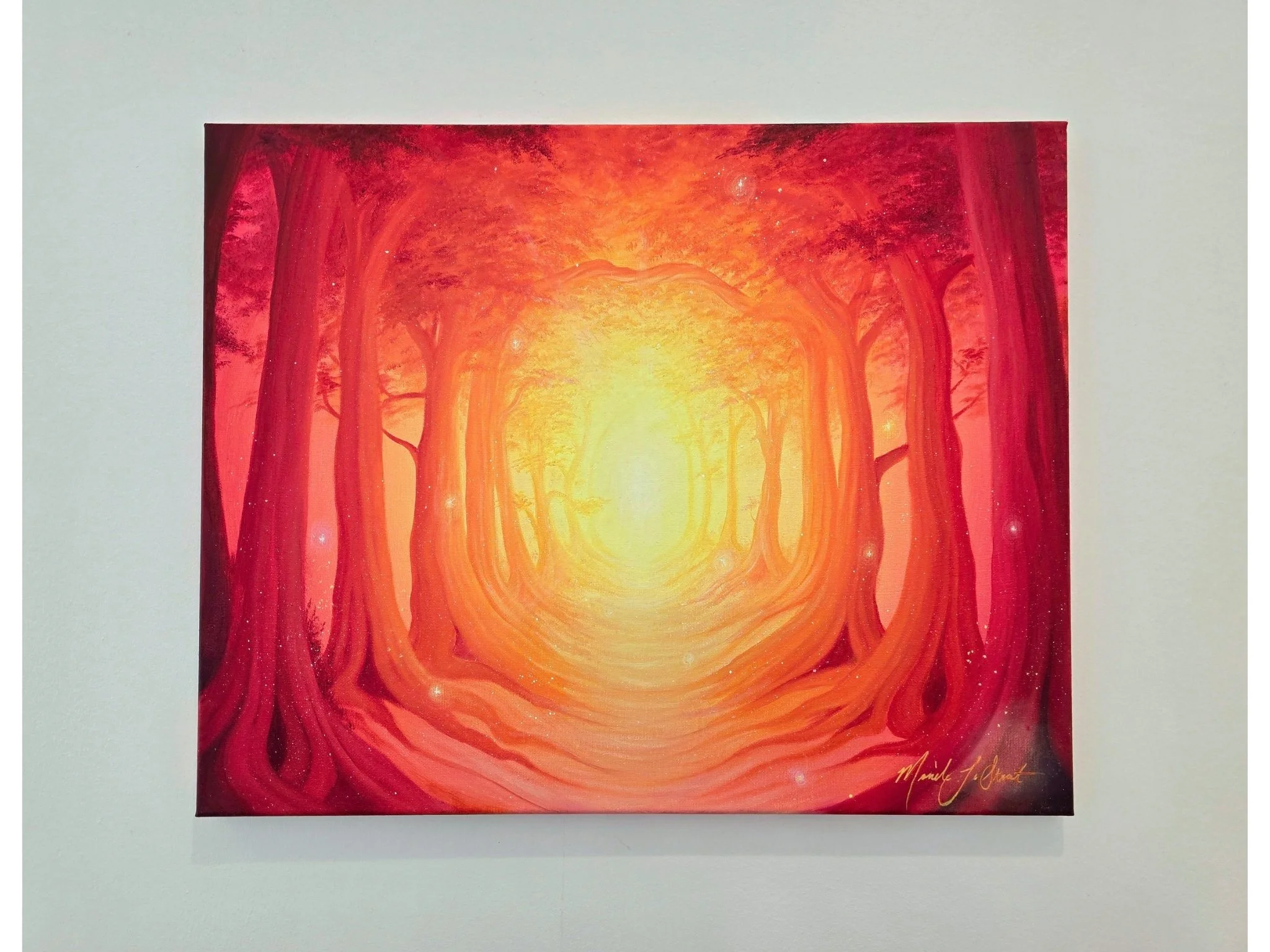 Spiritual nature artwork for sale by Canadian artist Mustic MO. Warm sunlight whimsical forest painting. Art inspired by God's light