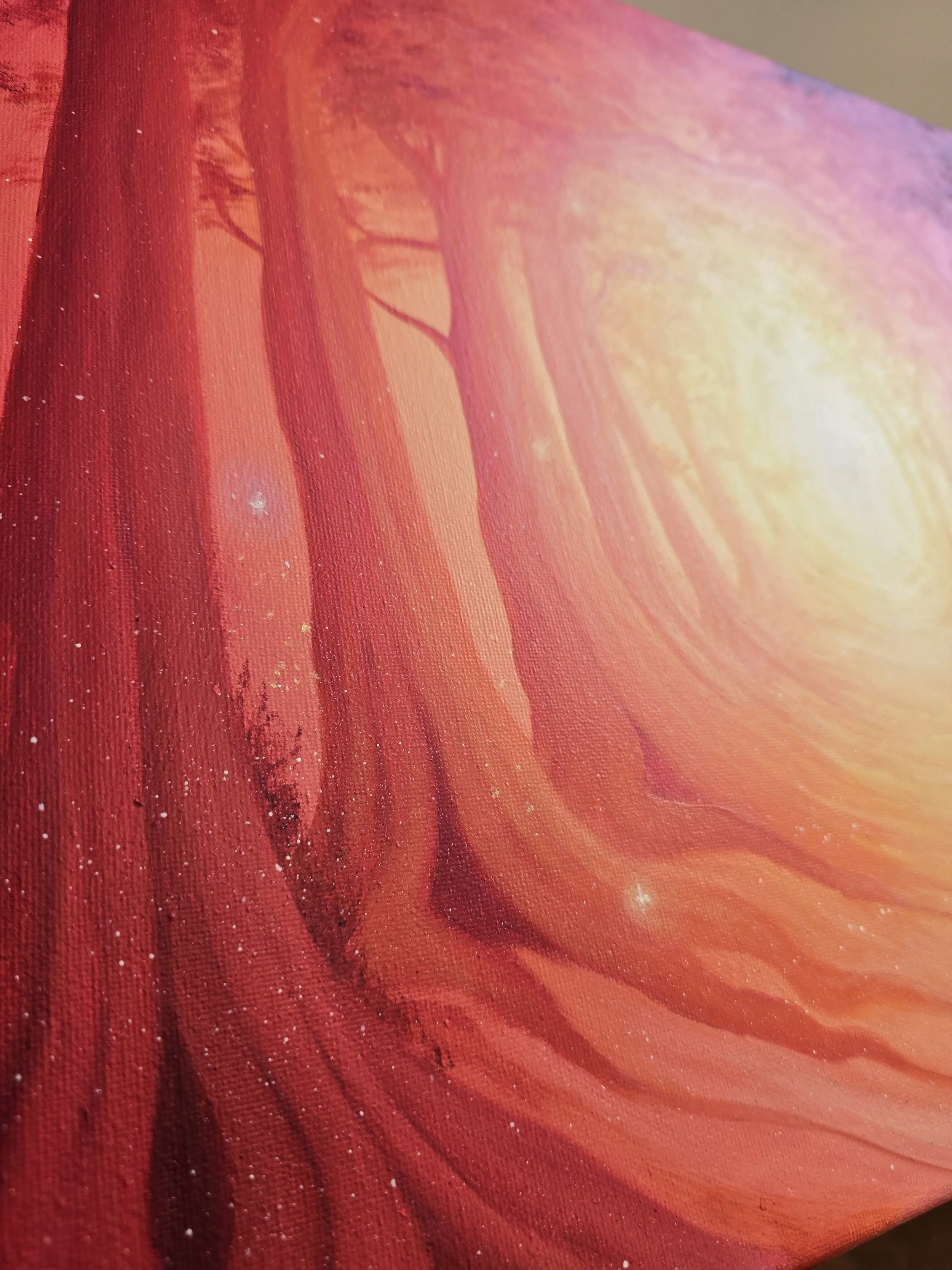 Bright warm forest painting artwork for sale, yellow orange red color scheme