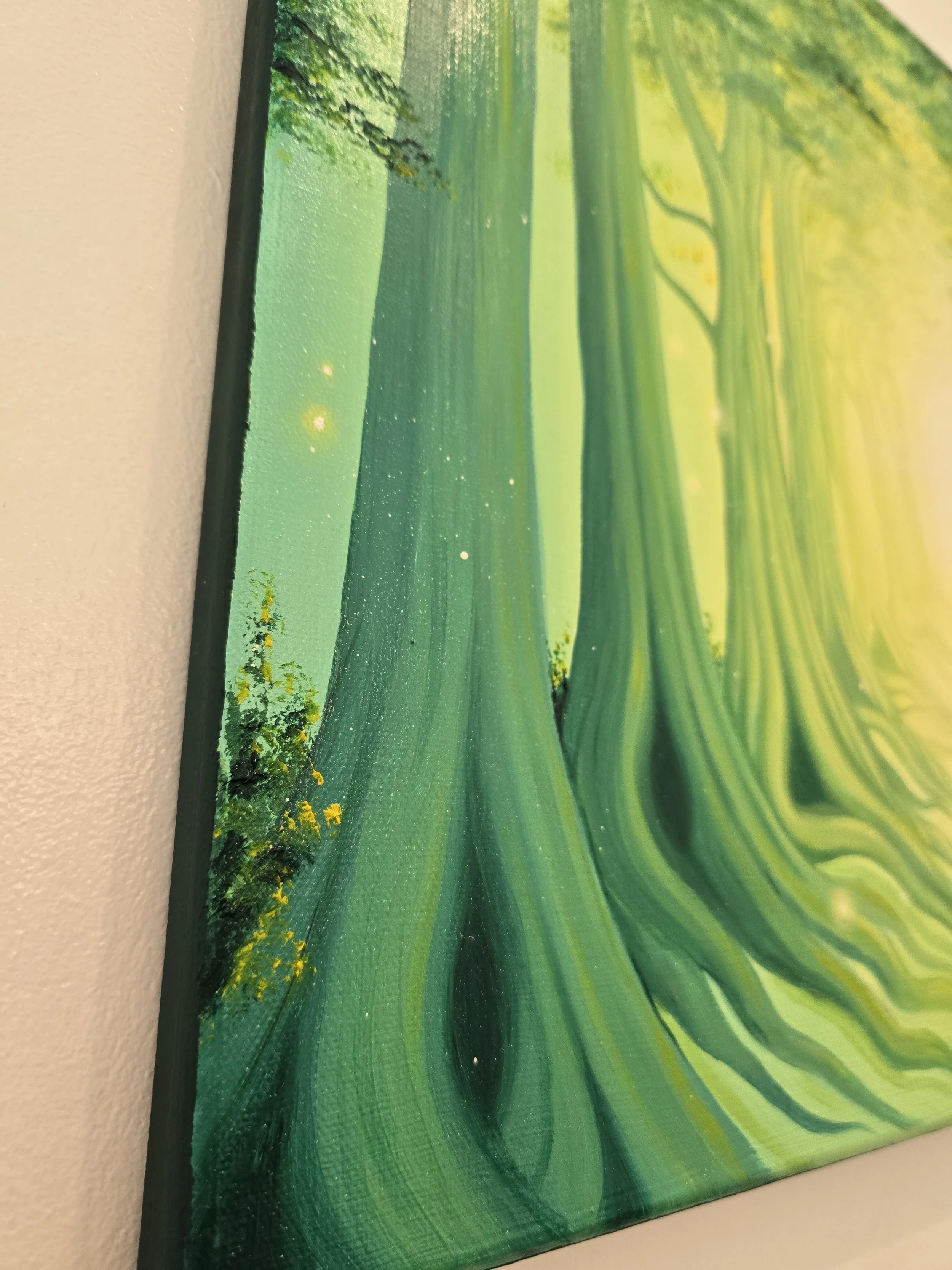 Original oil painting of bright green forest pathway, nature home decor for sale, natural wall art