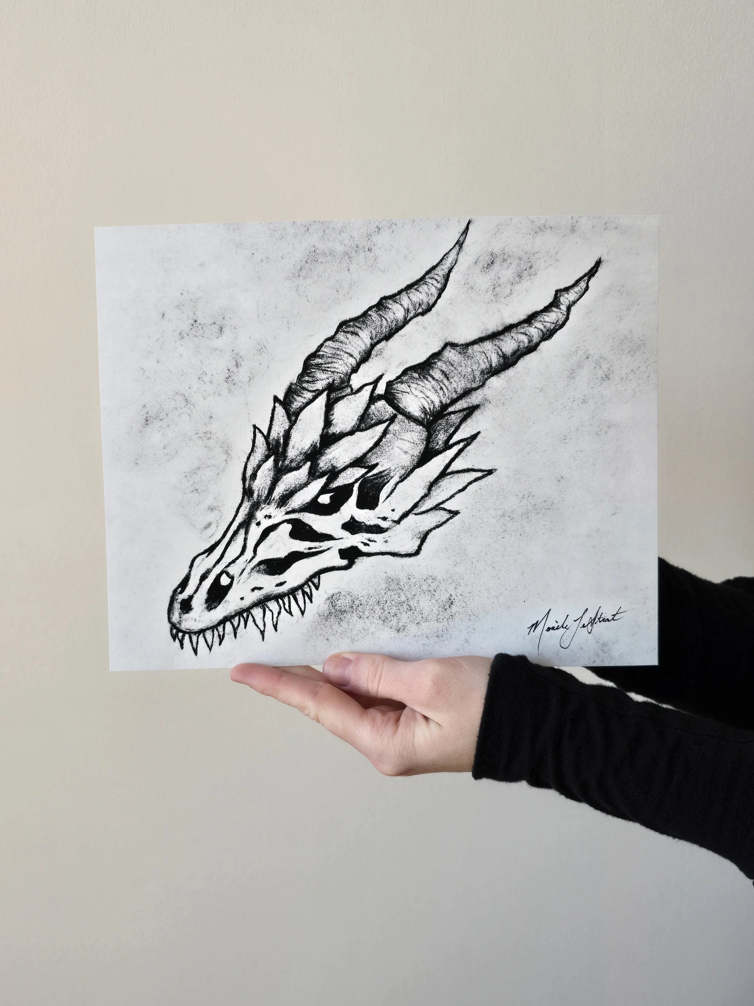 Dragon Skull Art - Charcoal Art - Dragon Home Decor- Dragon Skull Illustration - Medieval Home Decor - Dragon Wall Art
