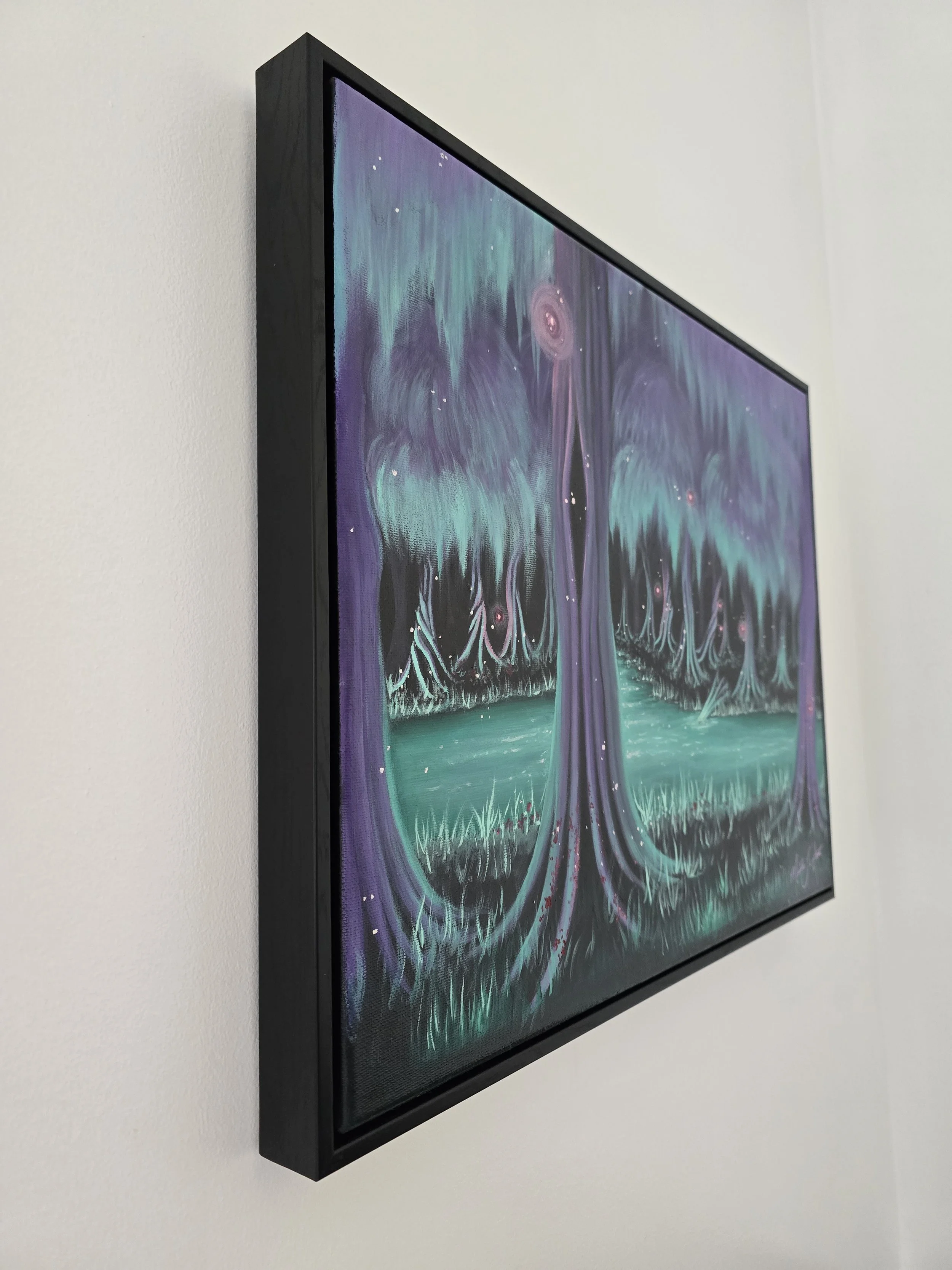 Original fantasy forest art for sale ready to hang in floating frame. Black teal purple and red color scheme home decor wall art