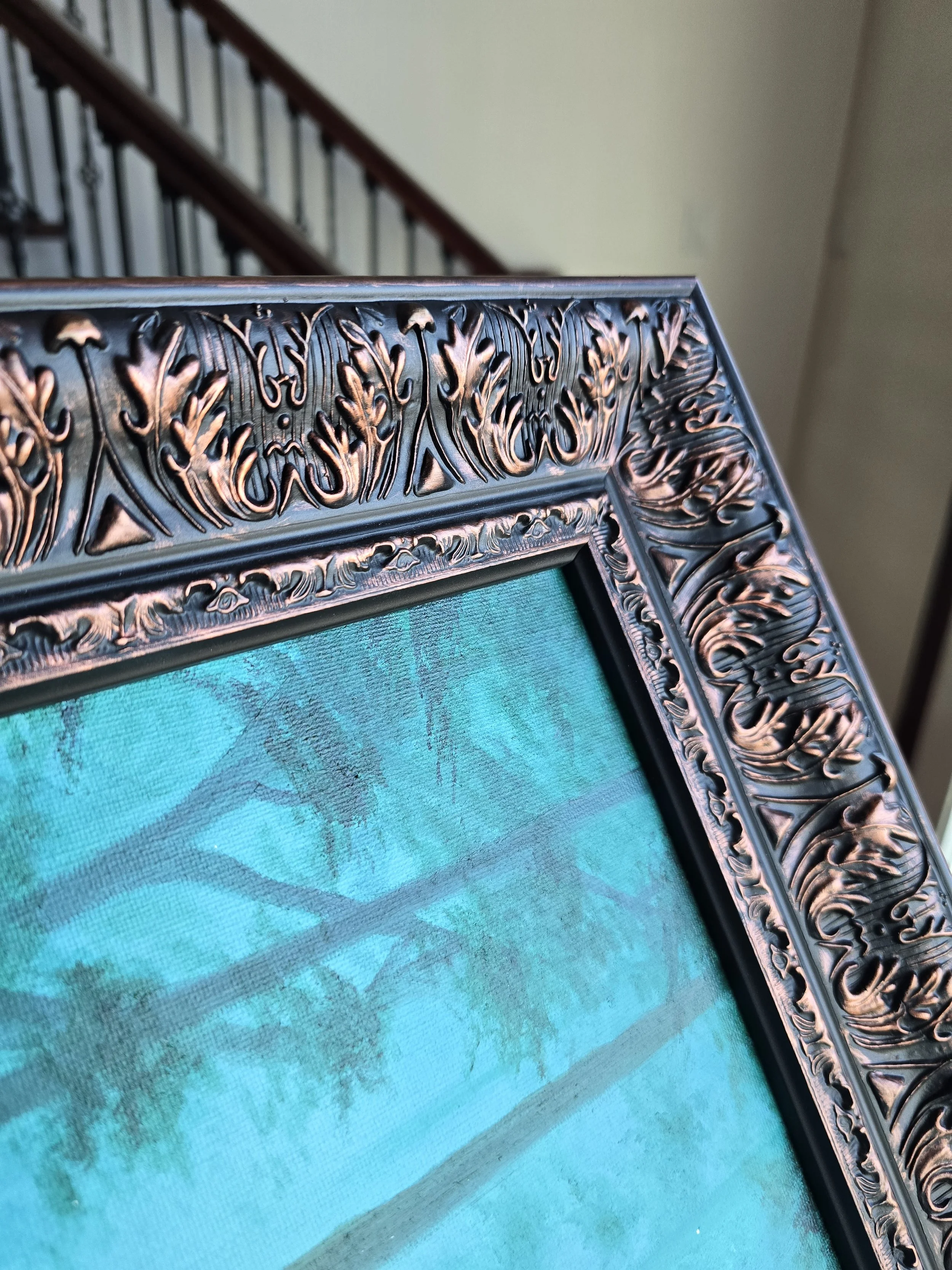 Mystical painting for sale in copper Antique style ornate frame. Teal turquoise fantasy forest art, whimsicore, forestcore