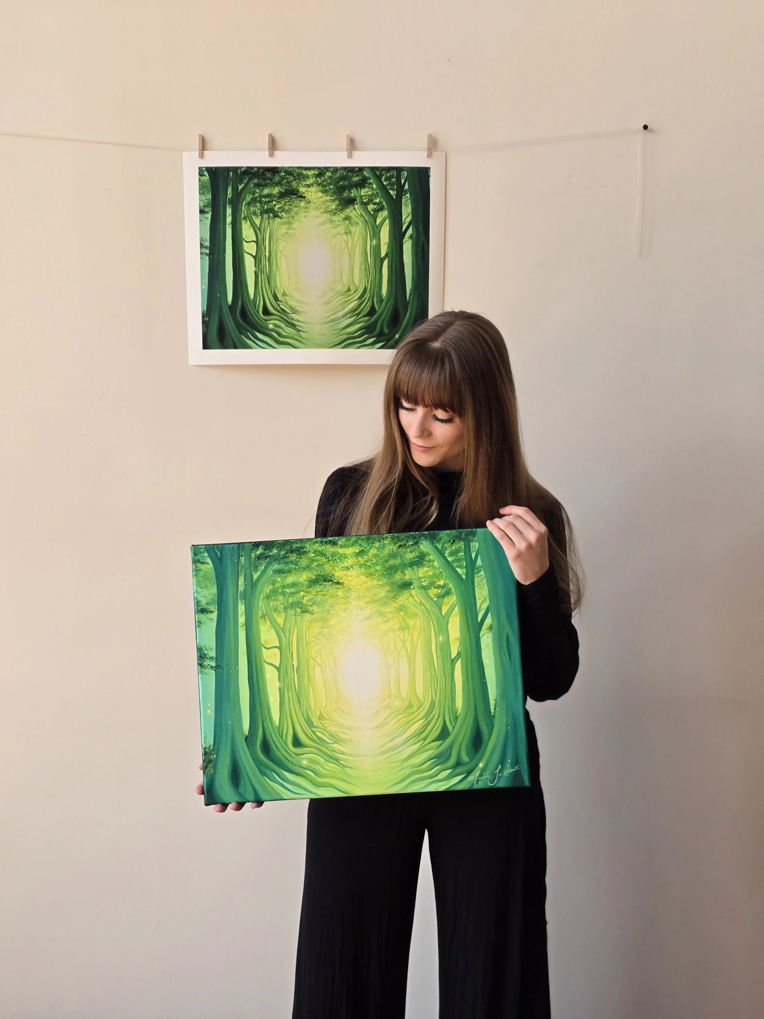 Original green forest painting for sale by Manitoba Canadian artist Mystic MO, art about faith spirituality and God