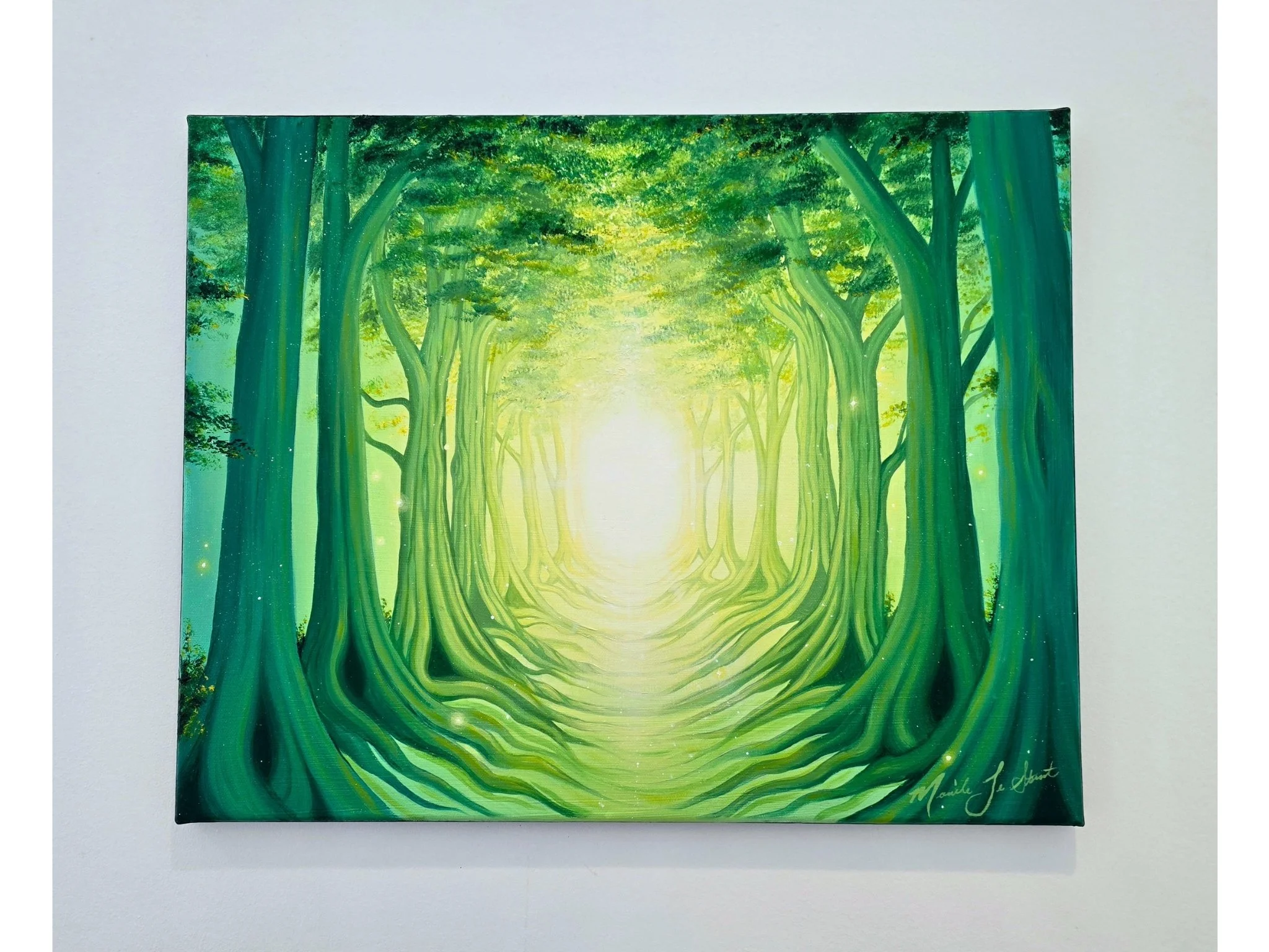 Spiritual mystical forest painting for sale by Canadian artist Mystic MO. Bright and earthy green home decor, art inspired by God