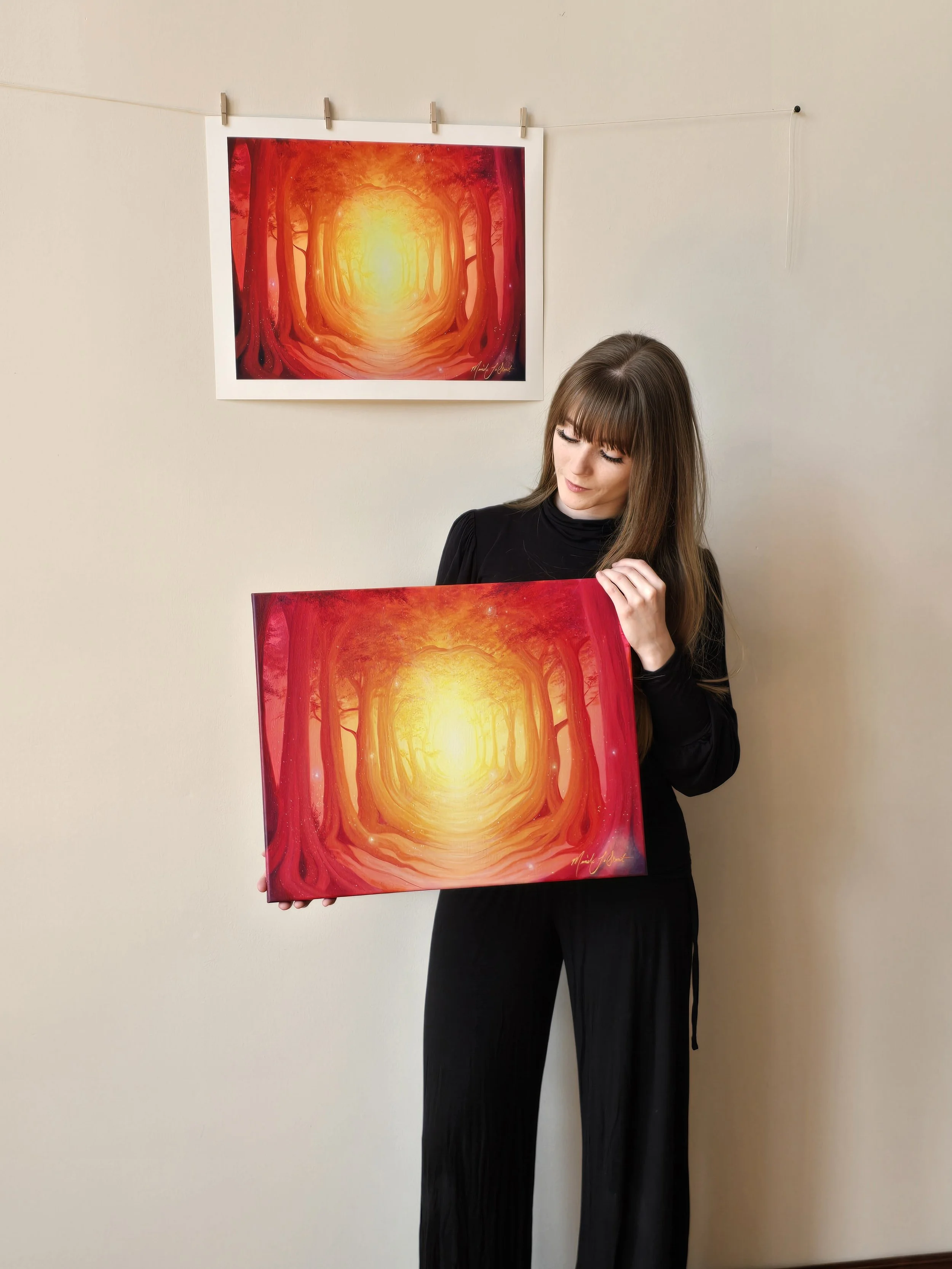 Spiritual forest sunset painting for sale, Canadian artwork for your home, orange sunrise woodland wall art