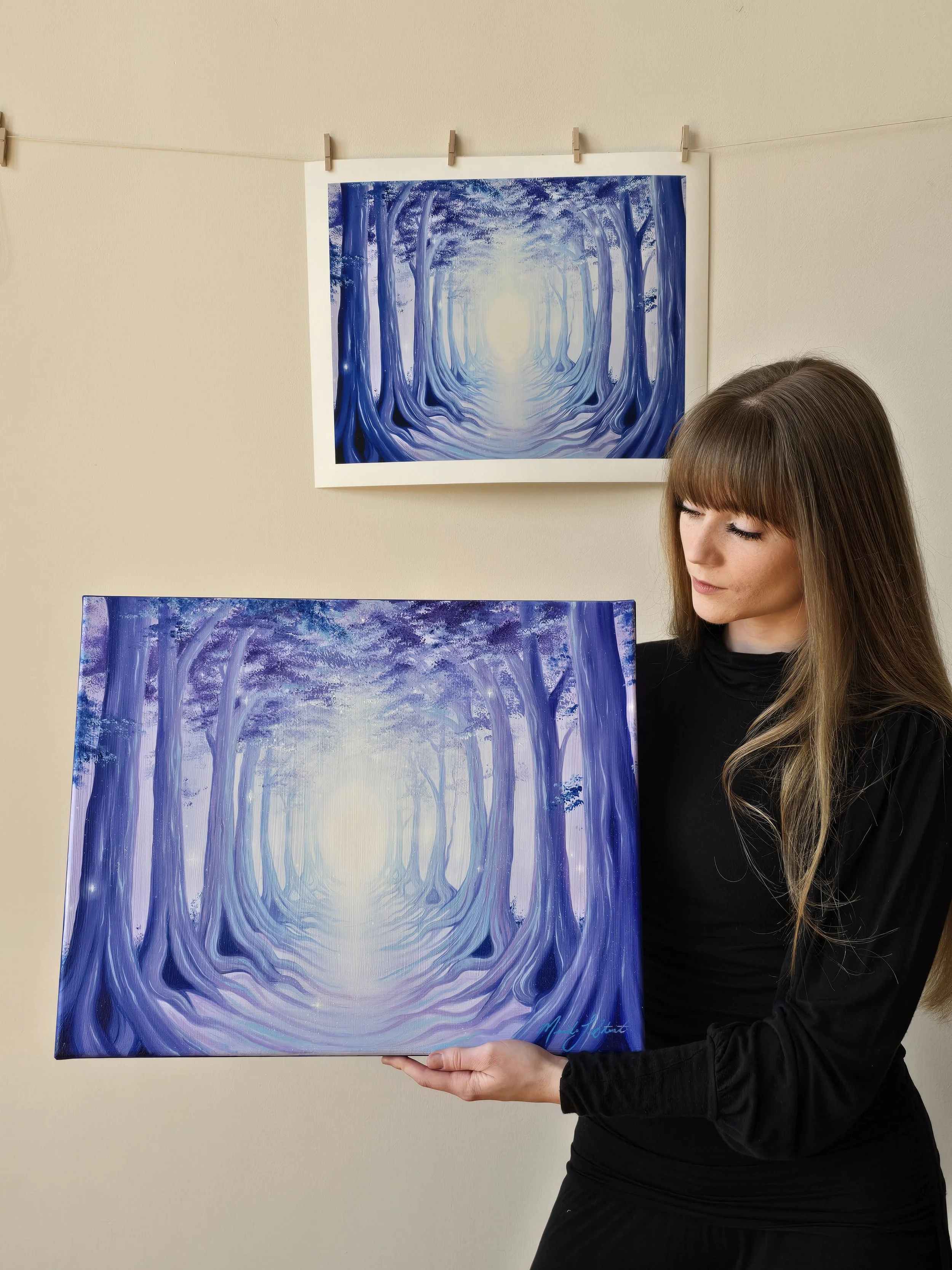 Faith inspired forest artwork, light of God art by Canadian artist, spiritual painting