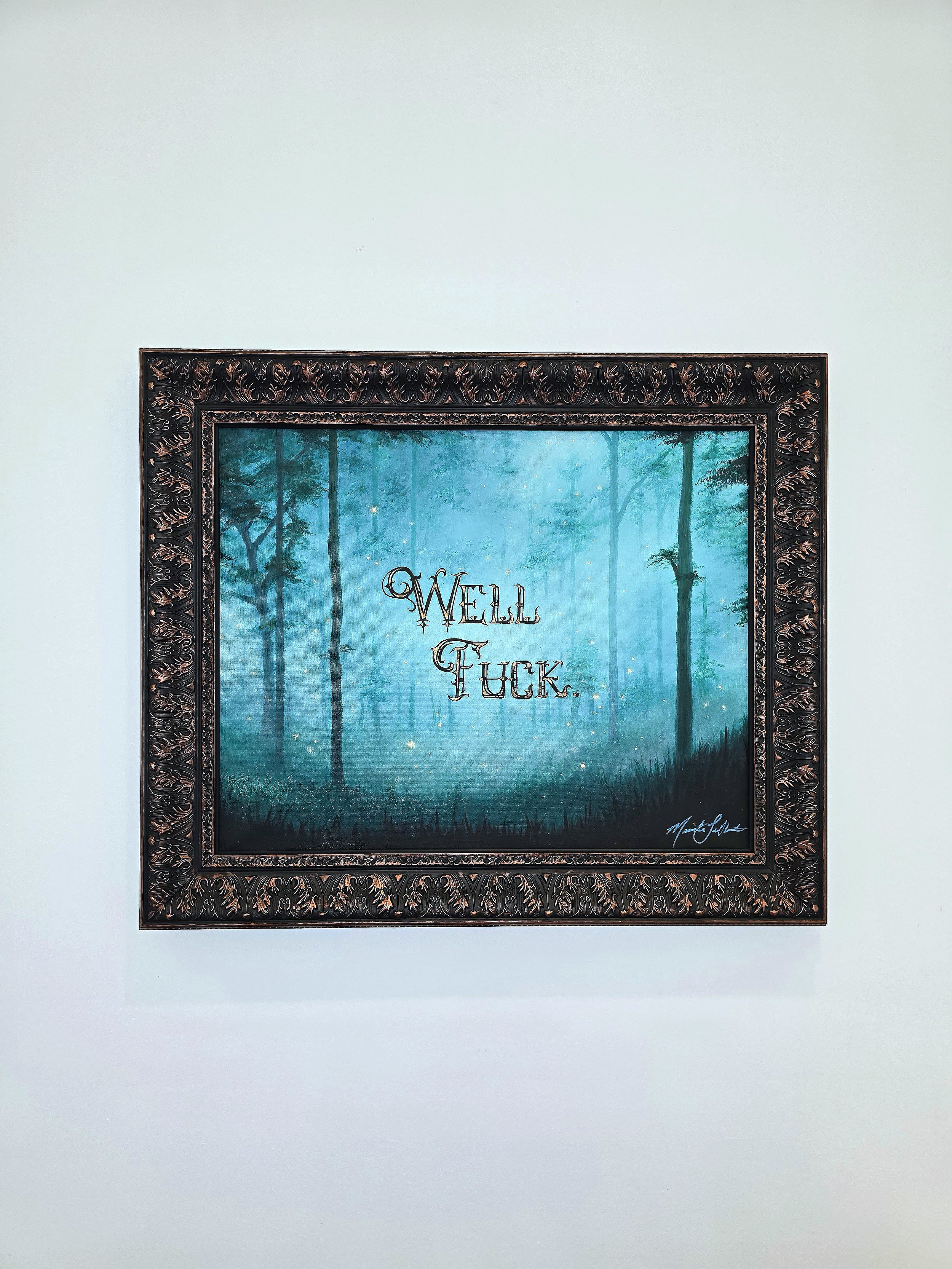 whimsicore home decore, forestcore, foggy forest artwork, new gothic, antique ornate frame
