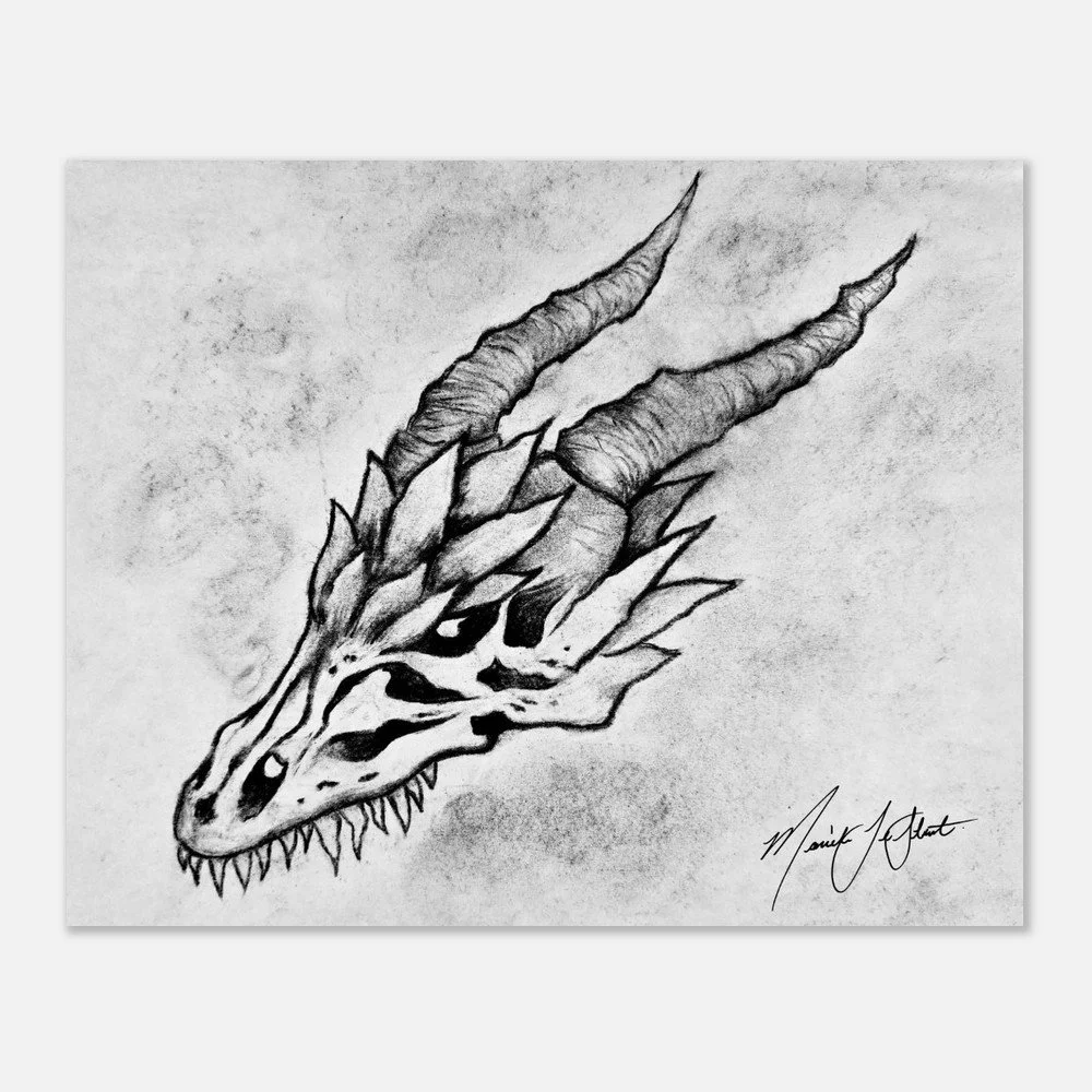 Dragon Skull Art - Dragon Skull Illustration - Willow Charcoal Drawing - Charcoal Art - Dragon Home Decor - Medieval Home Decor - Dragon Wall Art