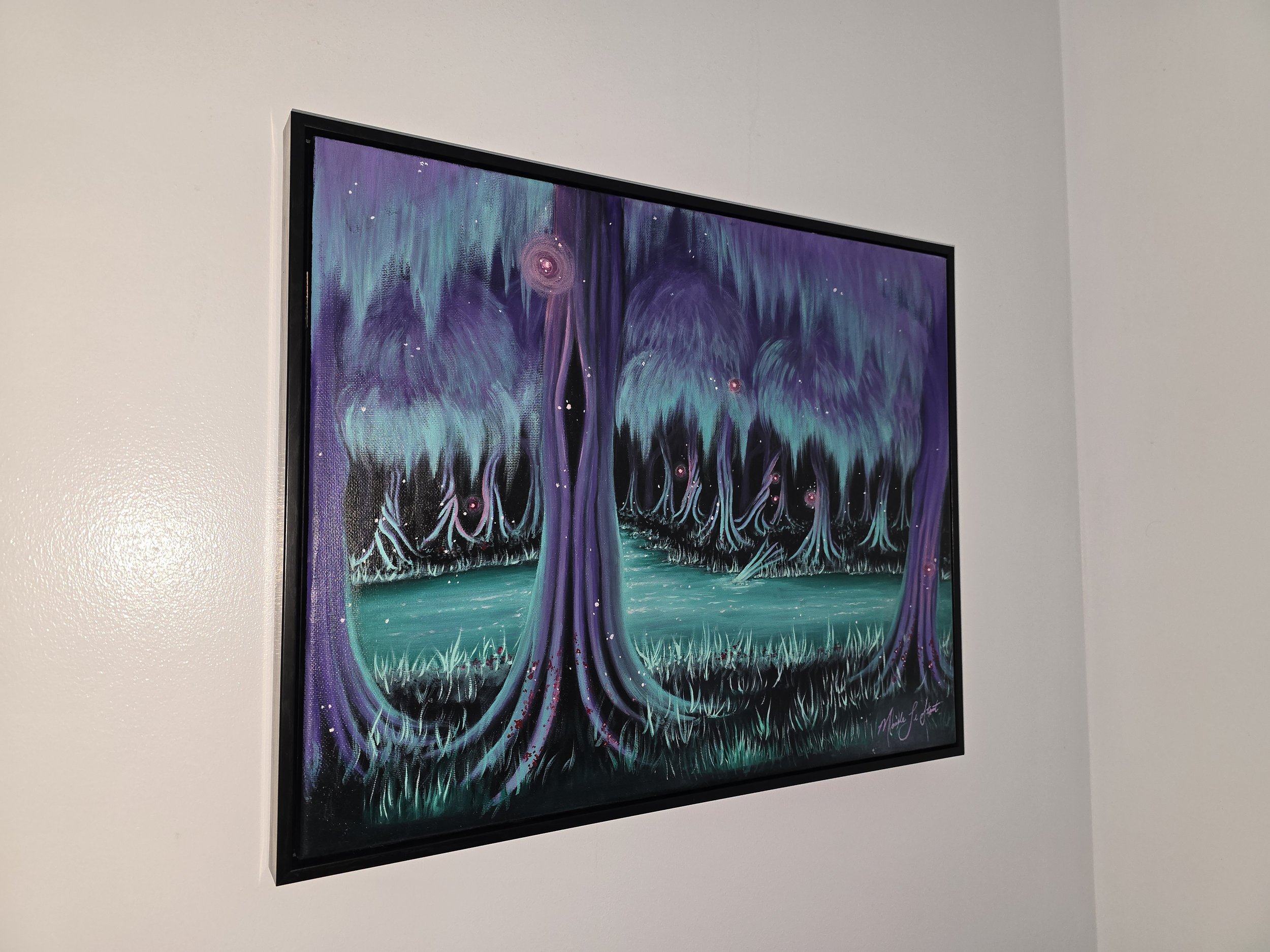 Teal and purple mystical lake painting for sale framed. Whimsicore art, forestcore artwork