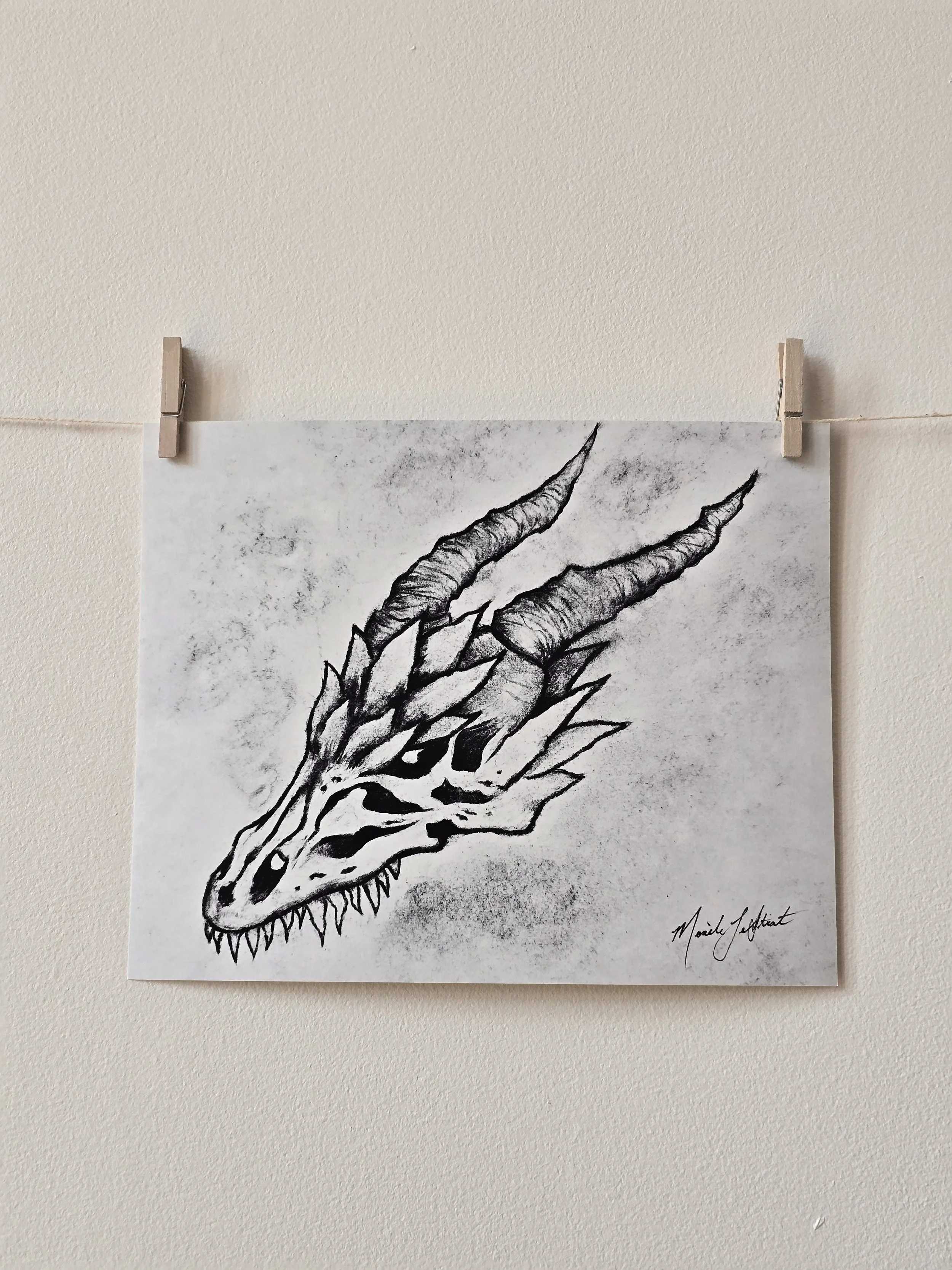 Dragon Skull Art - Charcoal Art - Dragon Home Decor- Dragon Skull Illustration - Medieval Home Decor - Dragon Wall Art