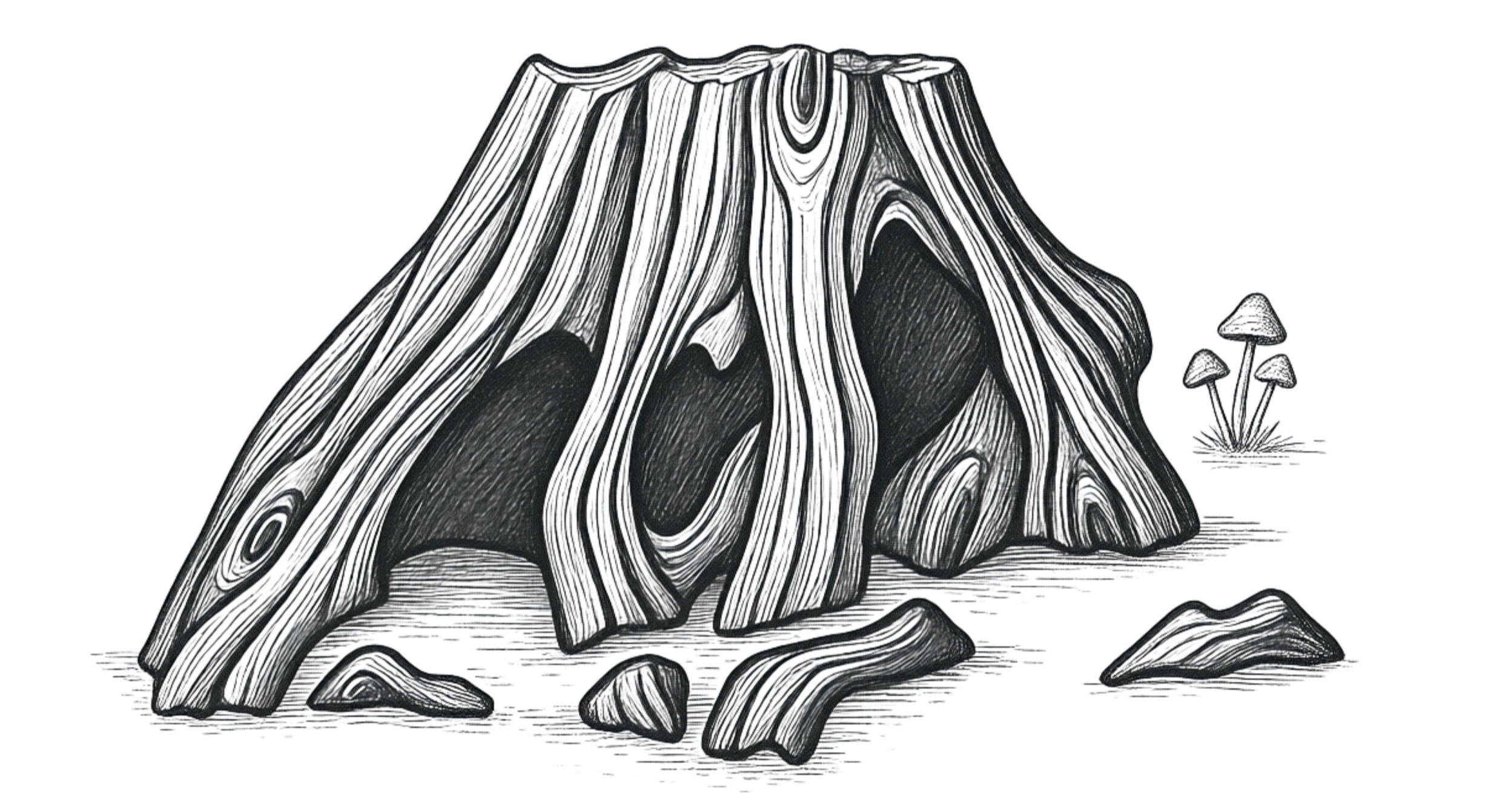 Black and white illustration of a textured and weathered tree stump. Small mushrooms and fungi growing beside it. Tree stump drawing. Tree stump nature illustration. Tree stump sketch. Tree stump with mushrooms. Fine art print of nature.