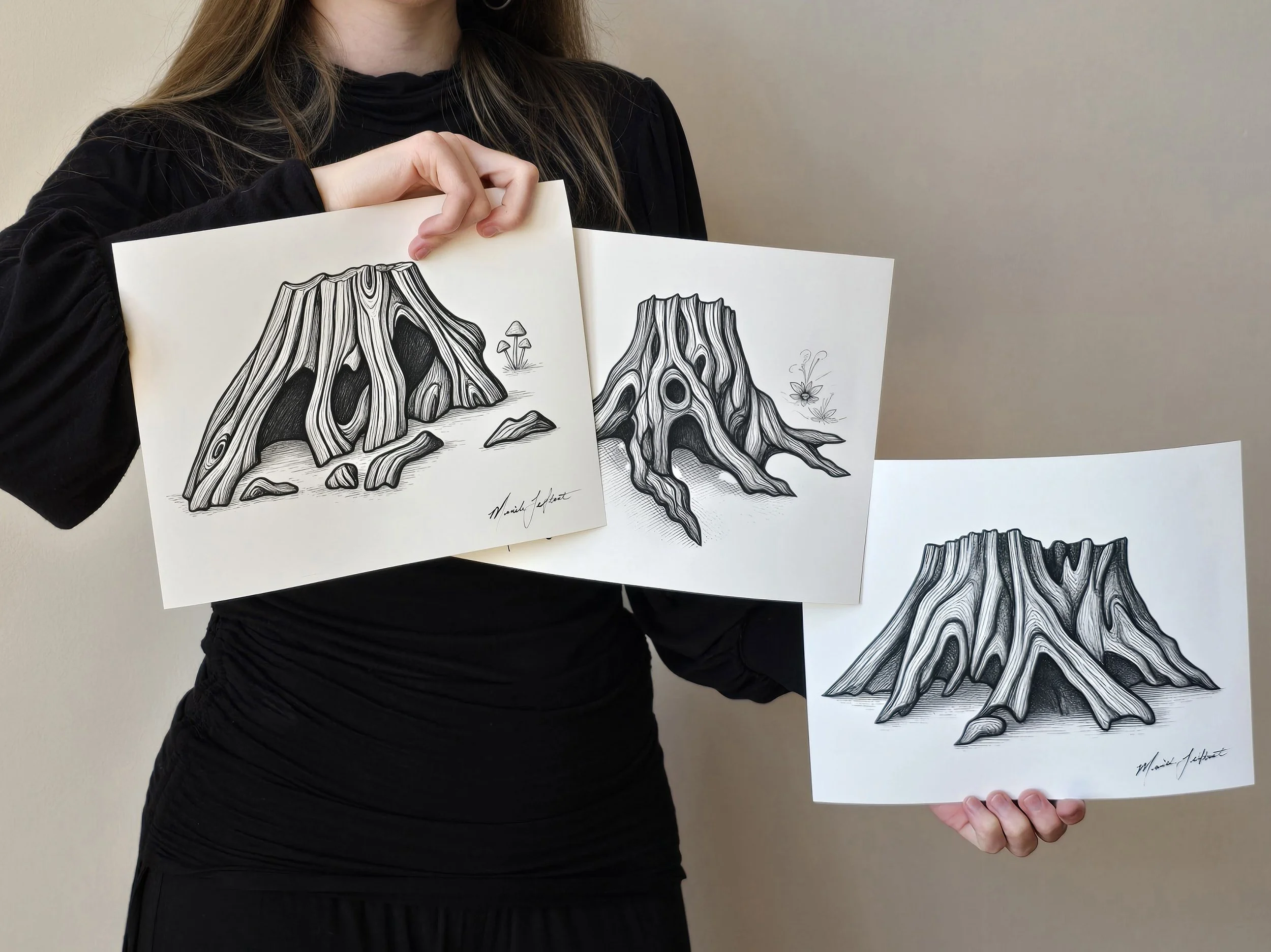 Zemyna - Nature Illustrations - Canadian Artists - Natural Home Decor - Tree Stump - Manitoba Artist - Nature Inspired Wall Art - Triptych Wall Art