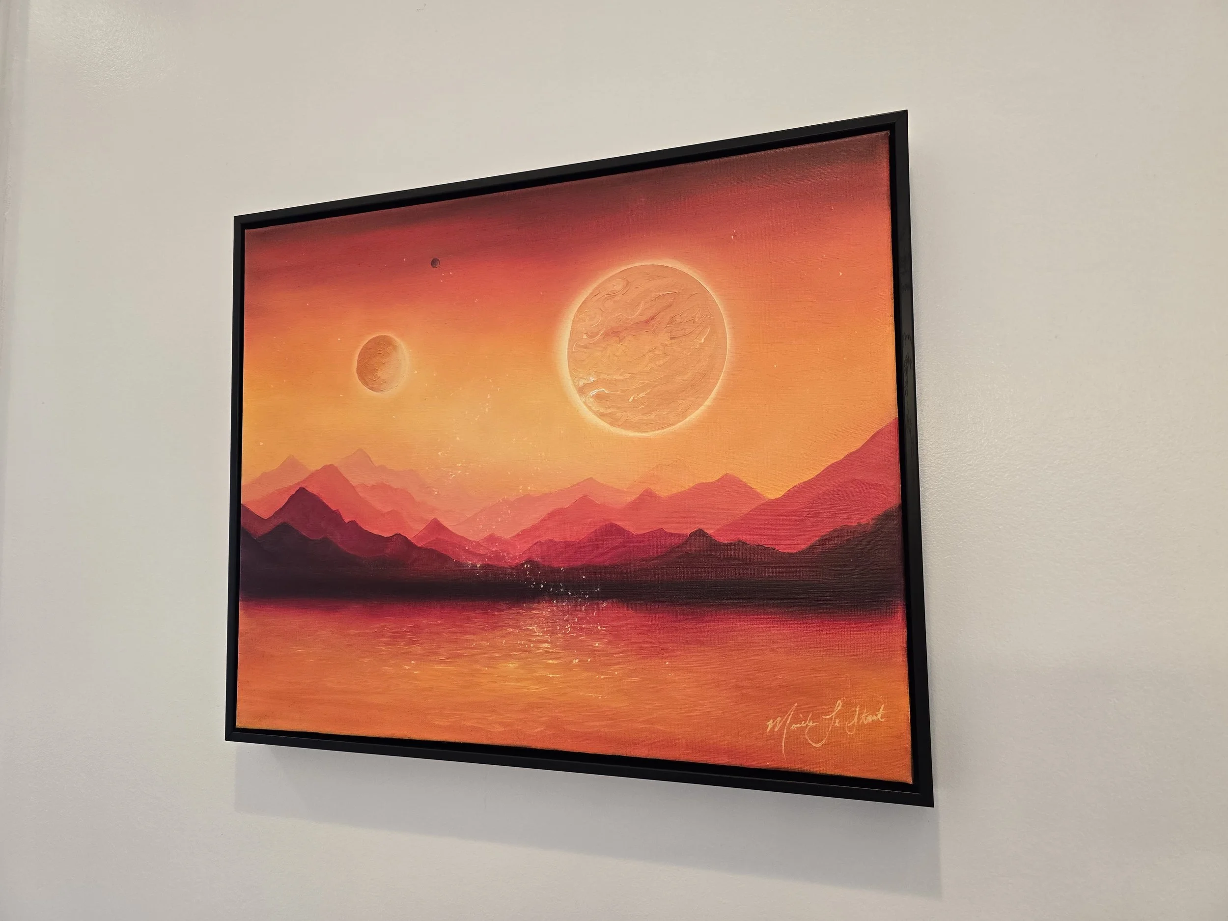 Original oil painting for sale of far away planets, bright pop-of-color wall art ornage red yellow scheme
