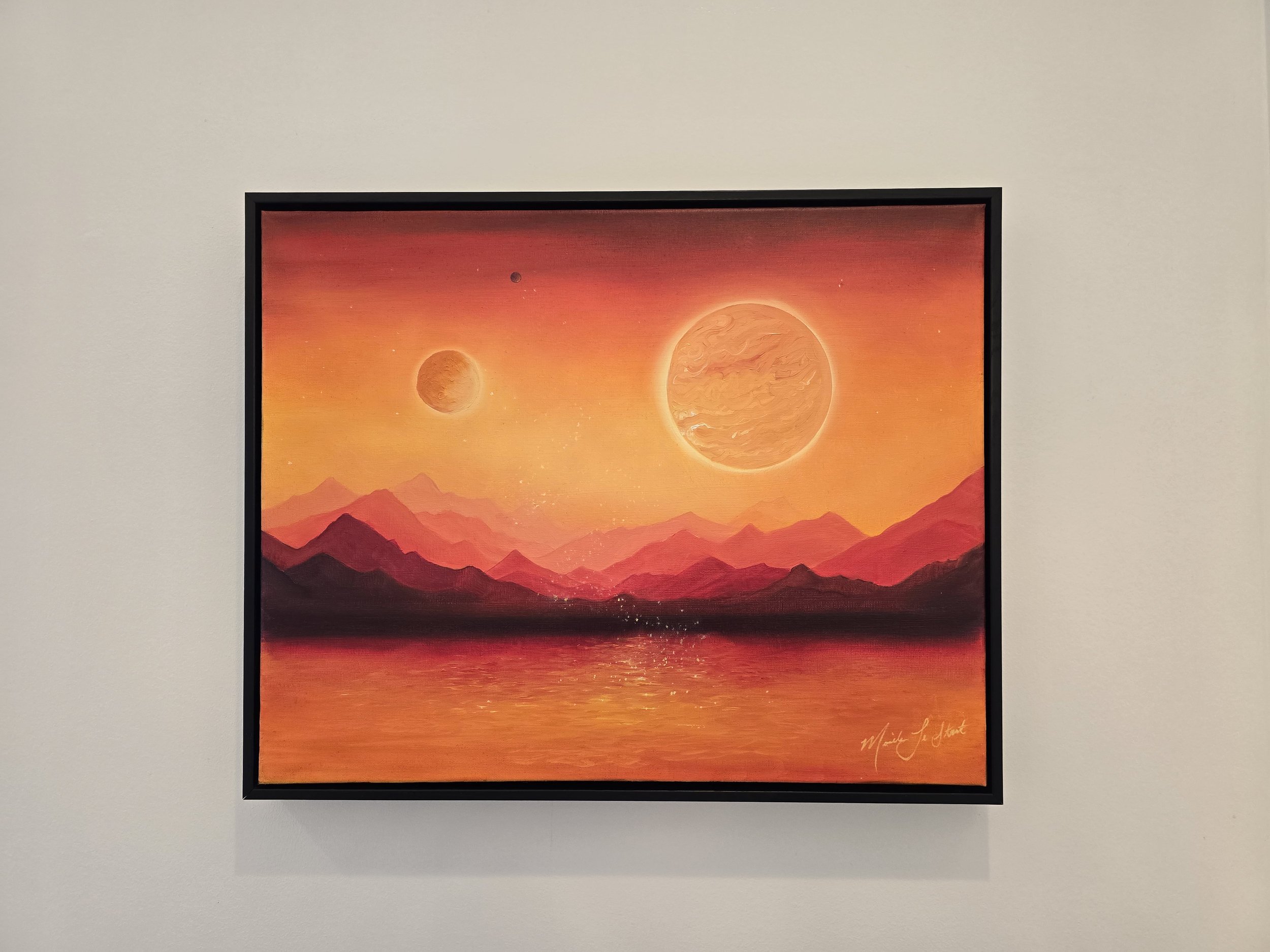 Science fiction artwork for sale, star wars inspired, far away planets painting in orange yellows and reds