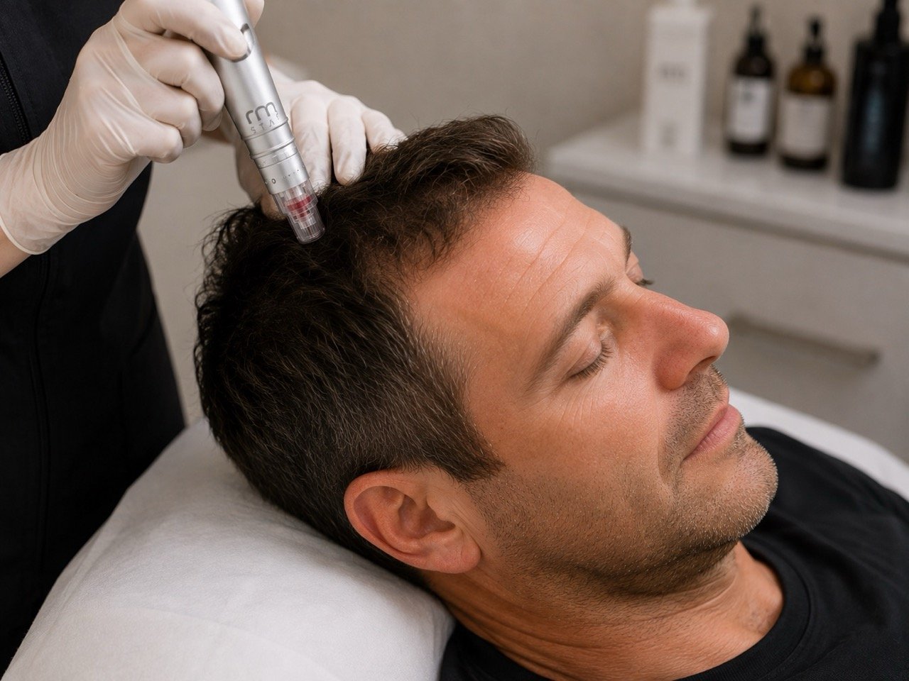 A man receiving a scalp treatment with a handheld device in a clinical setting, lying on a bed or chair with eyes closed.