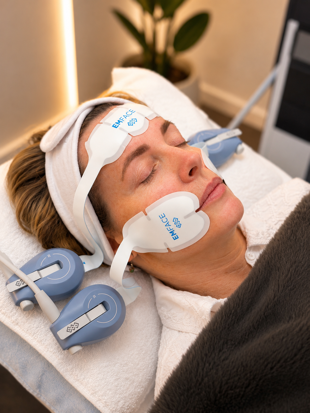 Woman receiving a facial treatment with EMS face masks connected to a device, lying on a treatment bed with her eyes closed in a skincare clinic.