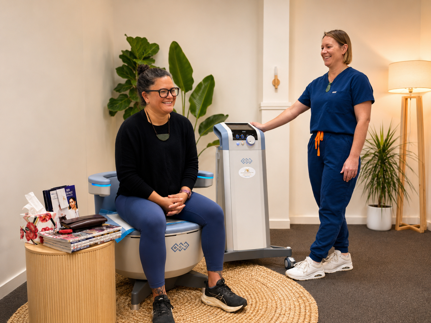 A woman sitting on a medical chair smiling while a healthcare professional standing beside her, touching a medical device in a well-lit room with plants and a side table.