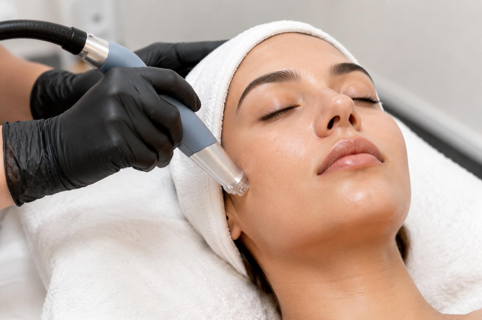 A woman receiving a facial treatment with a handheld device in a spa or clinic setting.