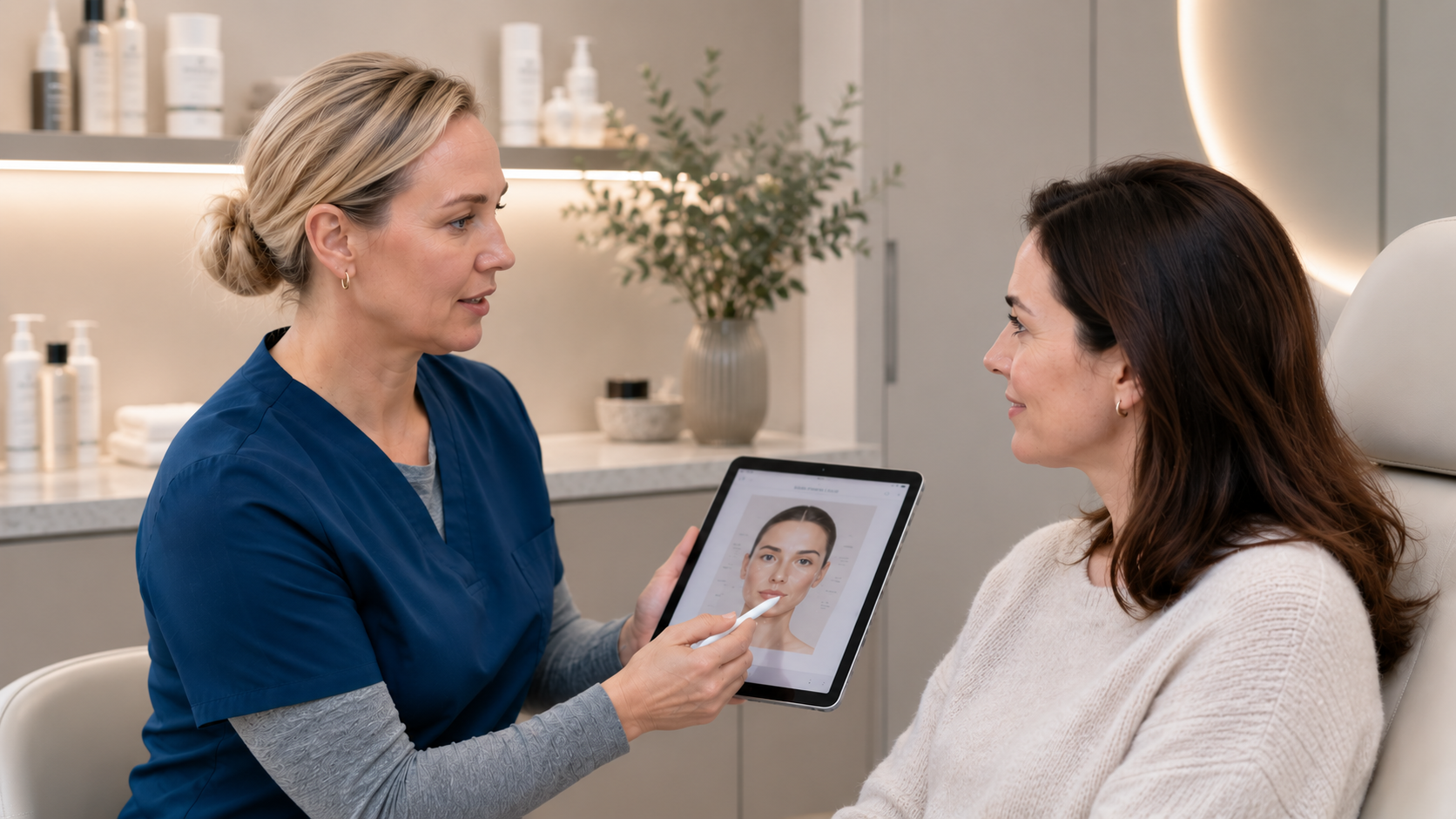 A healthcare professional in navy scrubs shows a digital skin analysis to a female patient in a modern clinic.