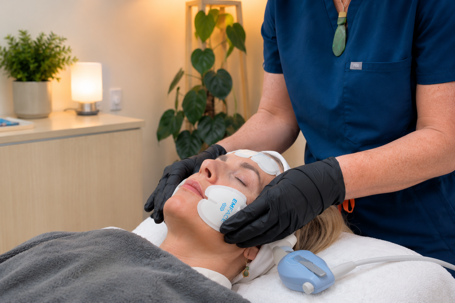 A woman receiving a facial treatment in a spa or clinic, lying on a bed with a headband, while a practitioner in gloves applies a facial mask or treatment with equipment nearby.