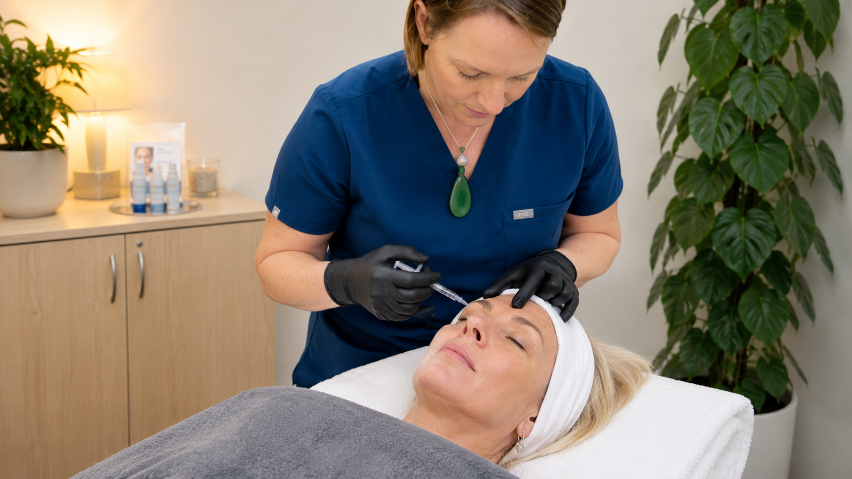 A woman receiving a facial injection from a medical professional in a beauty clinic.