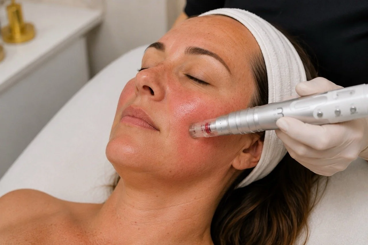 A woman receives a facial treatment with a microdermabrasion device on her cheek in a spa or skincare clinic.
