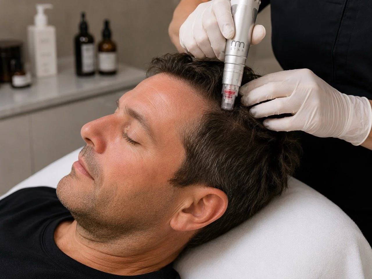 A man is lying down with eyes closed while a professional uses a microneedling device on his scalp.