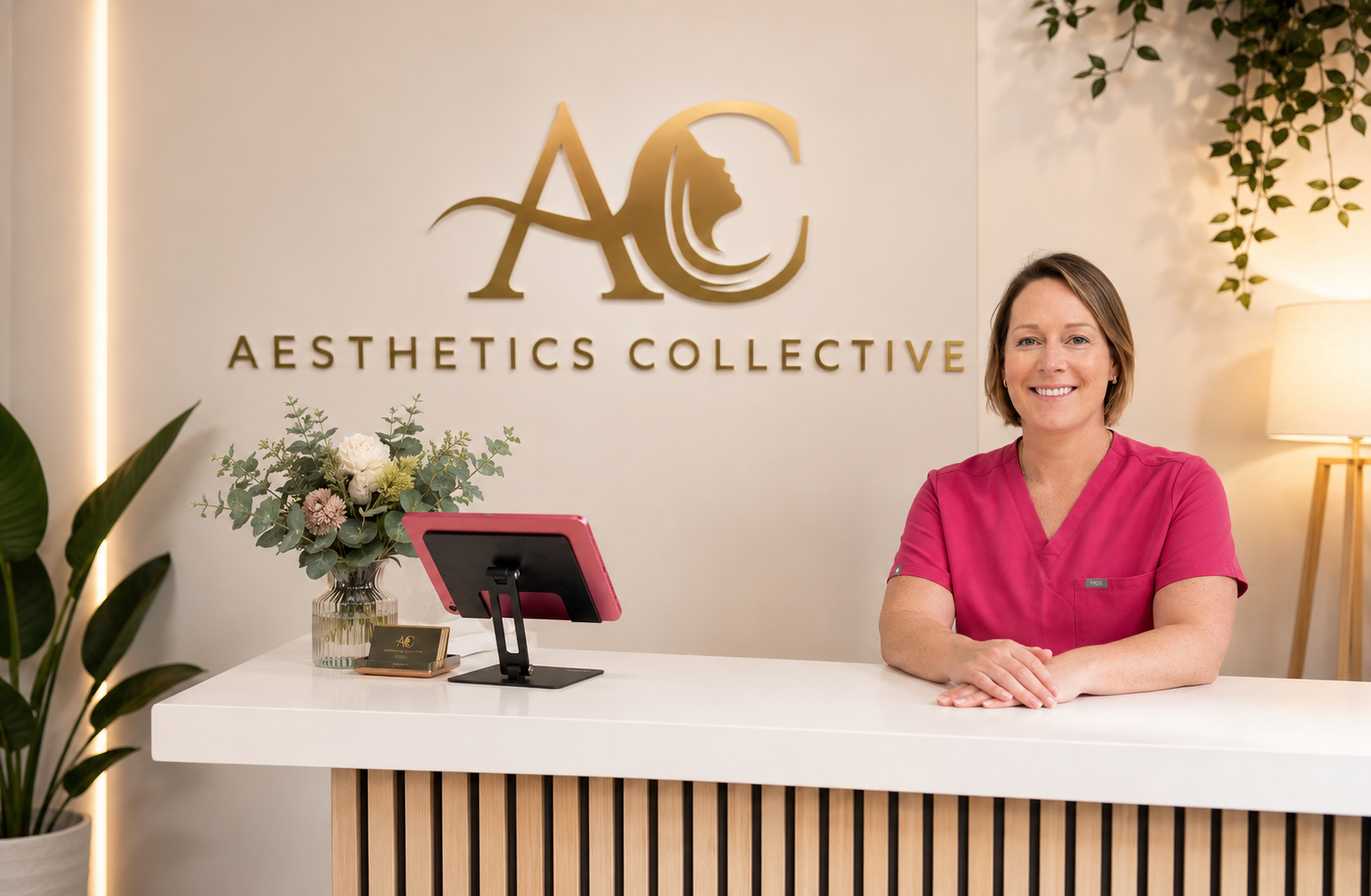 Reception area of Aesthetics Collective with a smiling woman in a pink uniform behind the counter, a floral arrangement, a monitor, and a sign.