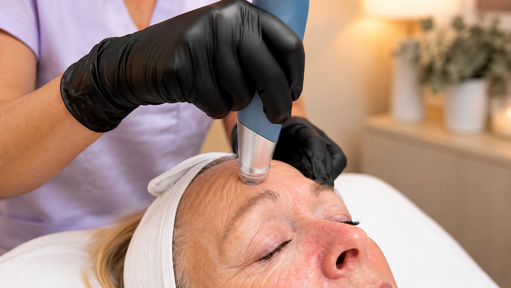 A person receiving a facial treatment with a device on their forehead in a spa or clinic setting.
