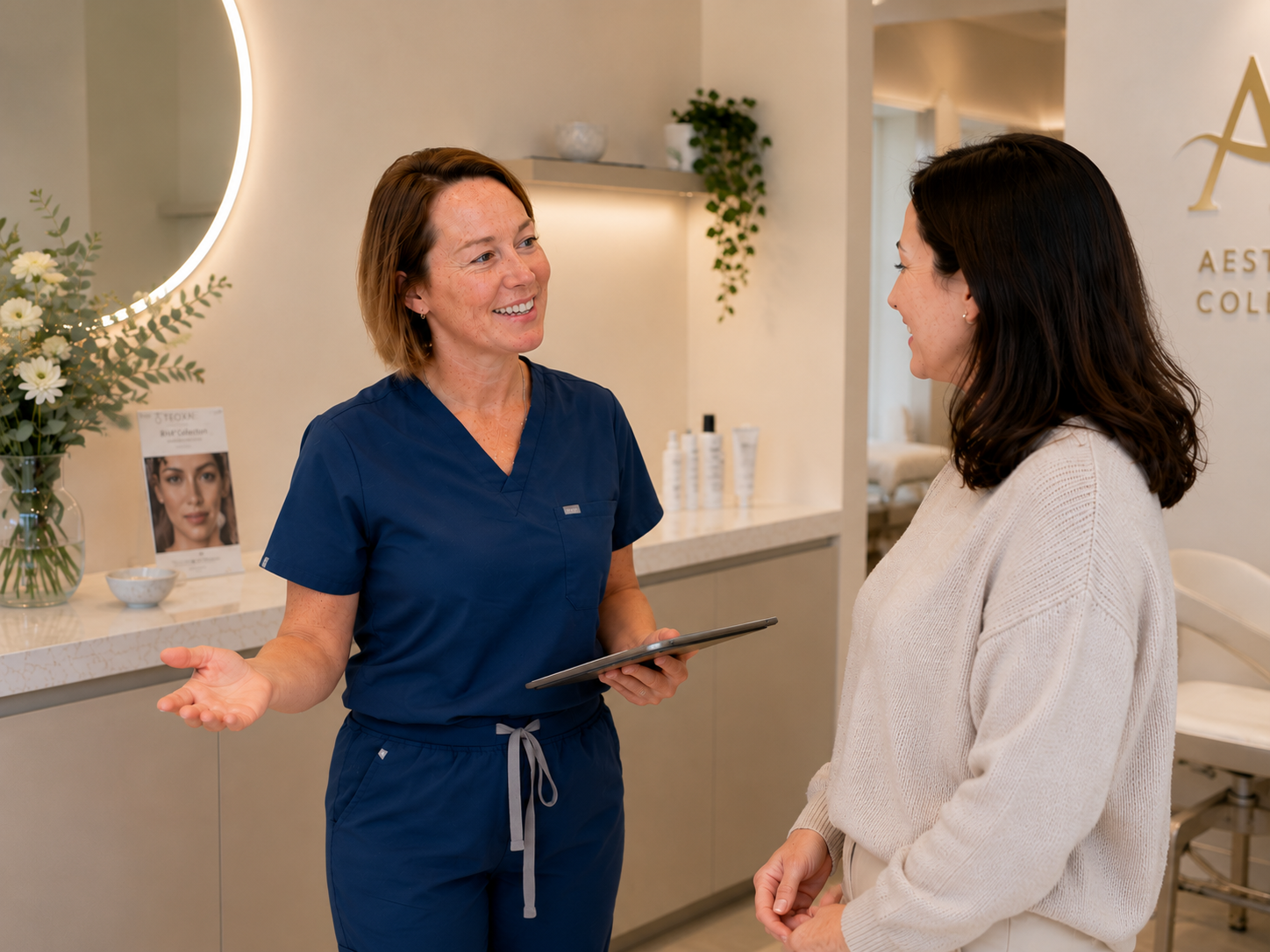 A woman in a blue medical scrub uniform having a conversation with a woman in casual clothing at a modern, clean clinic or medical office. The woman in scrubs is holding a tablet and appears to be explaining something, while the other woman is listening attentively.