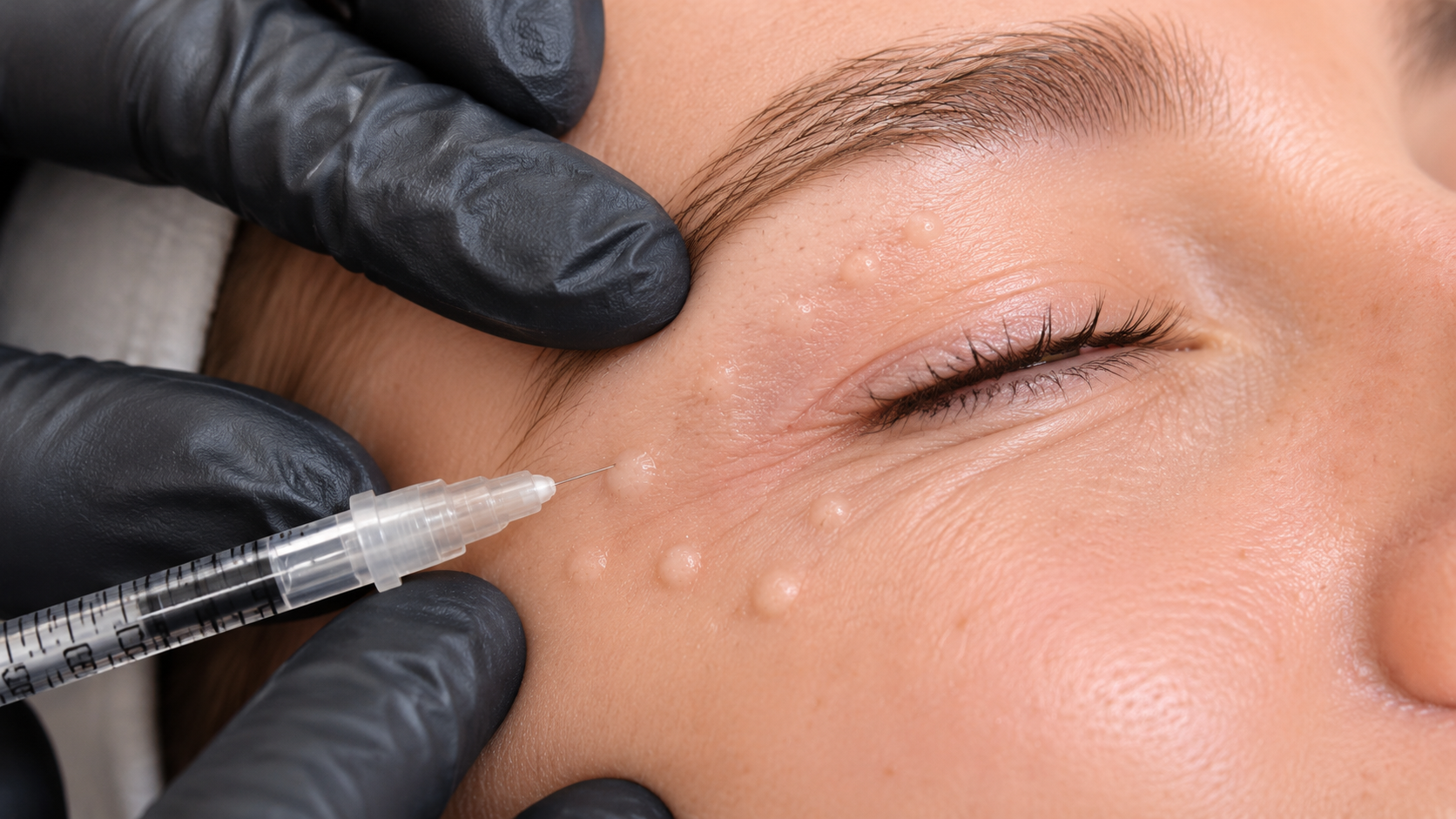 A close-up of a woman receiving a facial treatment with a syringe, with small bumps on her cheek and closed eyes, wearing black gloves.