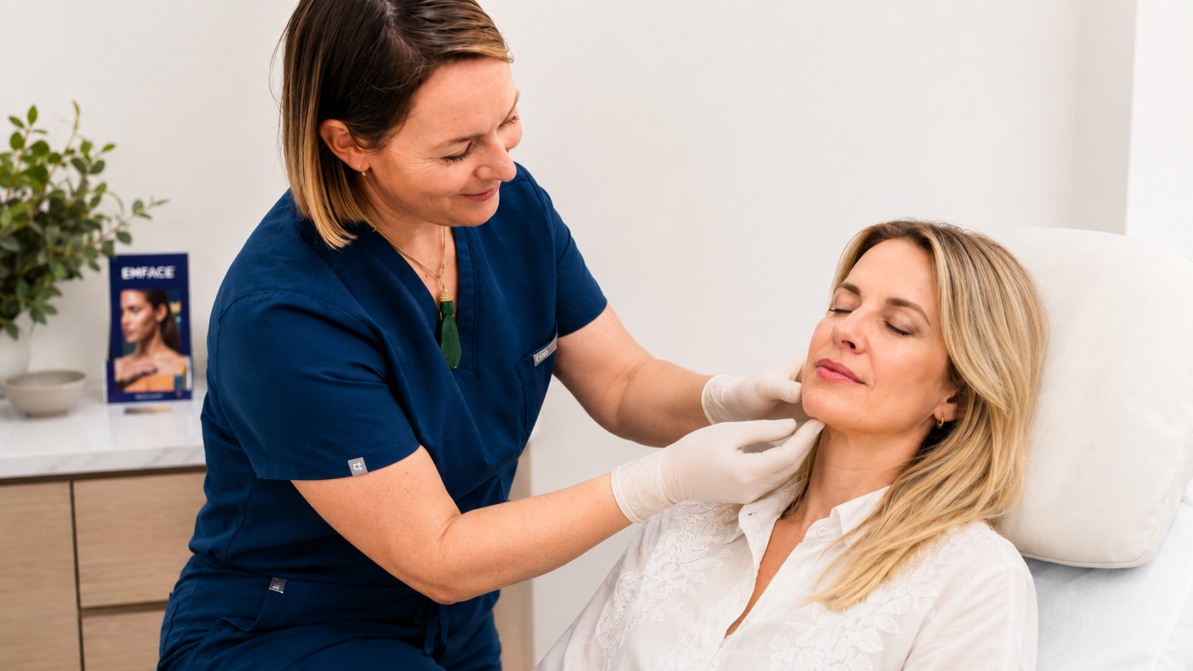 A healthcare professional examines a woman's face during a consultation in a medical office.