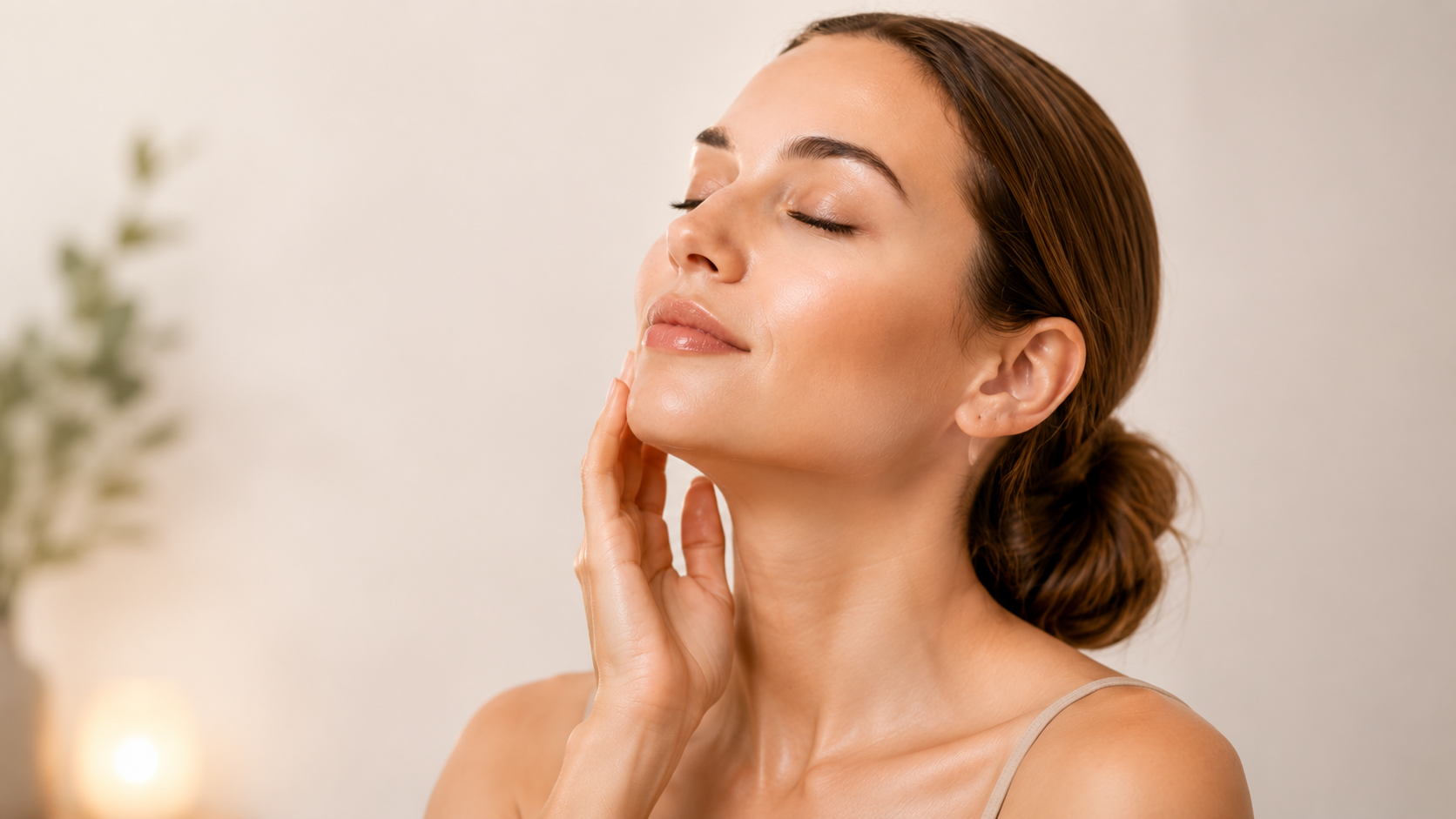 A woman with closed eyes touching her face with her hand, appearing relaxed and content. She has smooth, glowing skin and brown hair tied back, with a neutral background.