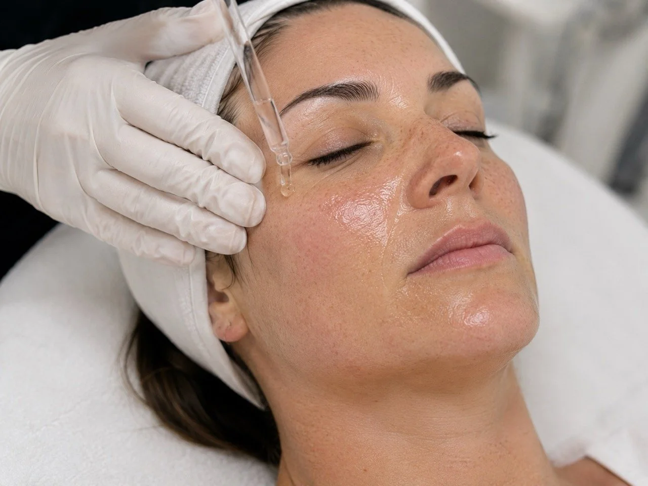 A woman receiving a facial treatment with a dropper applying serum to her face, lying down with eyes closed, in a clinical setting.