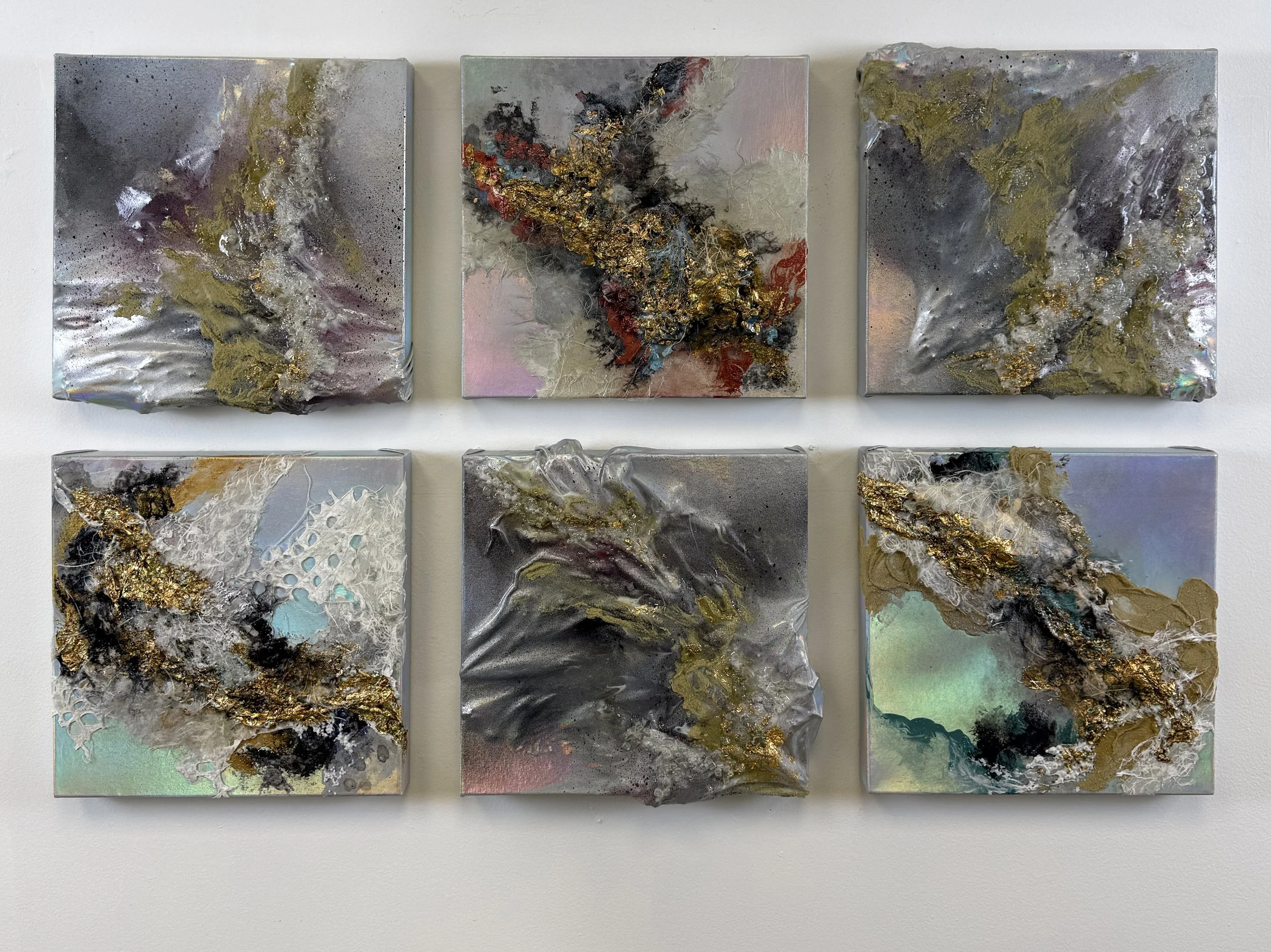 Moments of Noticing series, mixed media acrylic on iridescent fabric over canvas, 12" x 12" each 