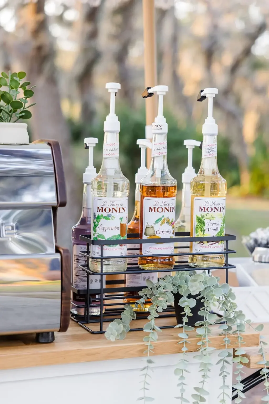 Three bottles of Monin flavored syrup, labeled peppermint, caramel, and French vanilla, are placed in a black metal rack on a wooden surface, with a silver appliance and green plants nearby.