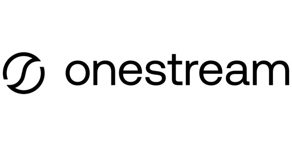 Onestream logo with a stylized 'O' symbol and the company name in black text.