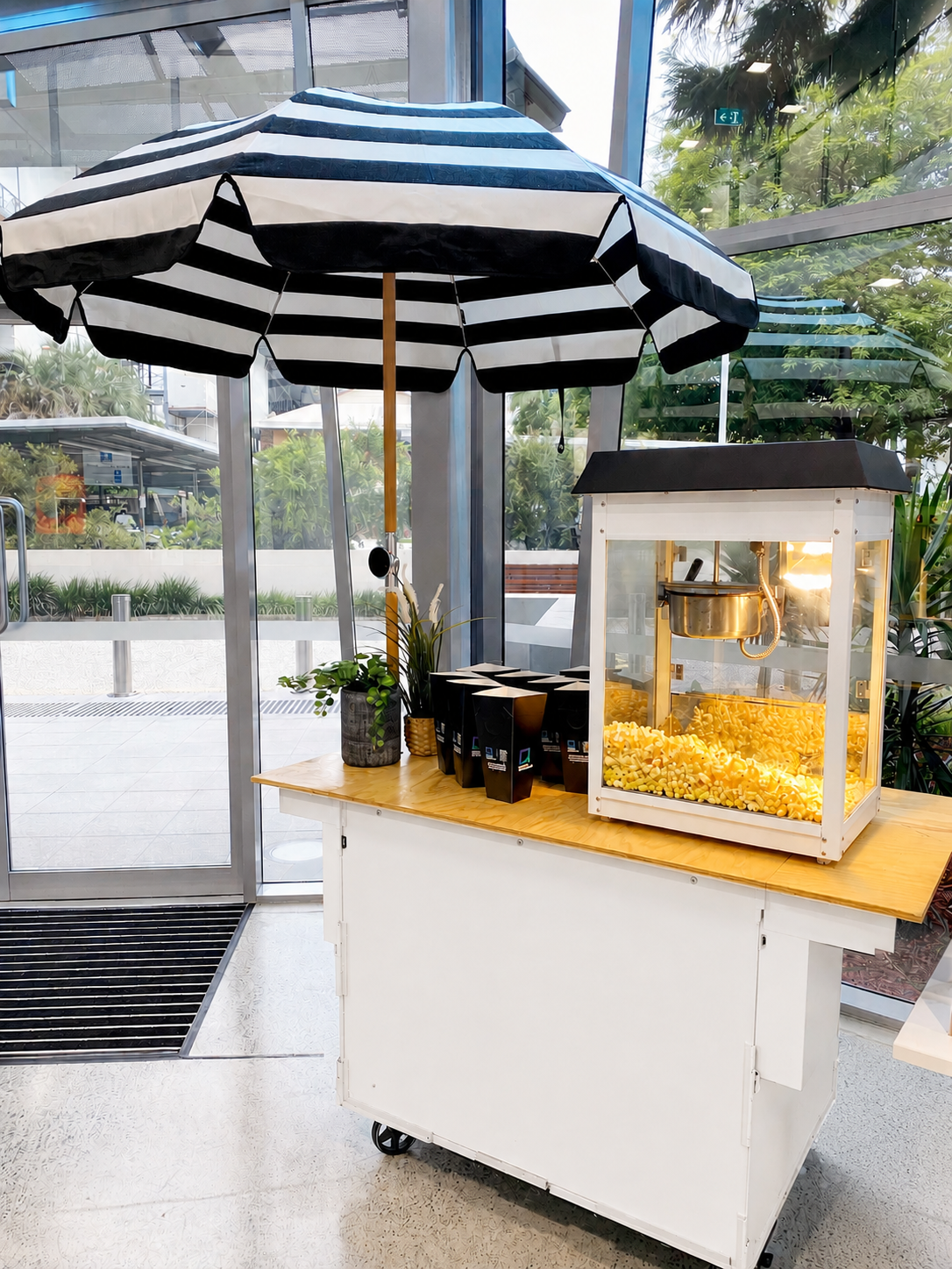 A popcorn machine on a wooden table, with black popcorn bags, a potted plant, and a striped black and white umbrella in a bright, modern indoor space with large glass windows and greenery outside.