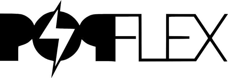 Logo with the words 'POP' and 'FLEX' separated by a lightning bolt symbol.